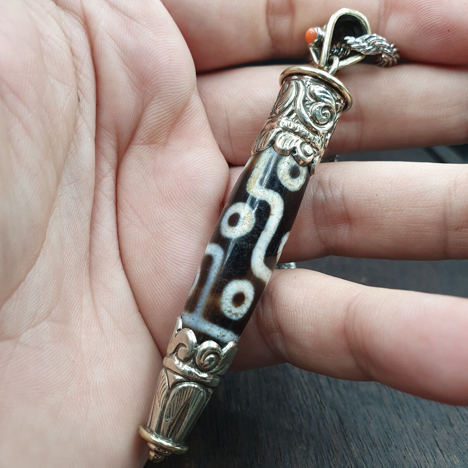 9 falling Eyes Tibetan Silver Nepalese dzi Agate bead pendant Necklace TB-1