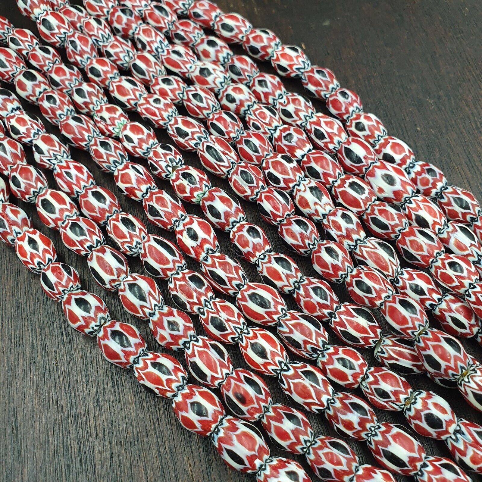 Vintage Venetian African Style Red Glass Chevron Beads Long Strand 10x13mm