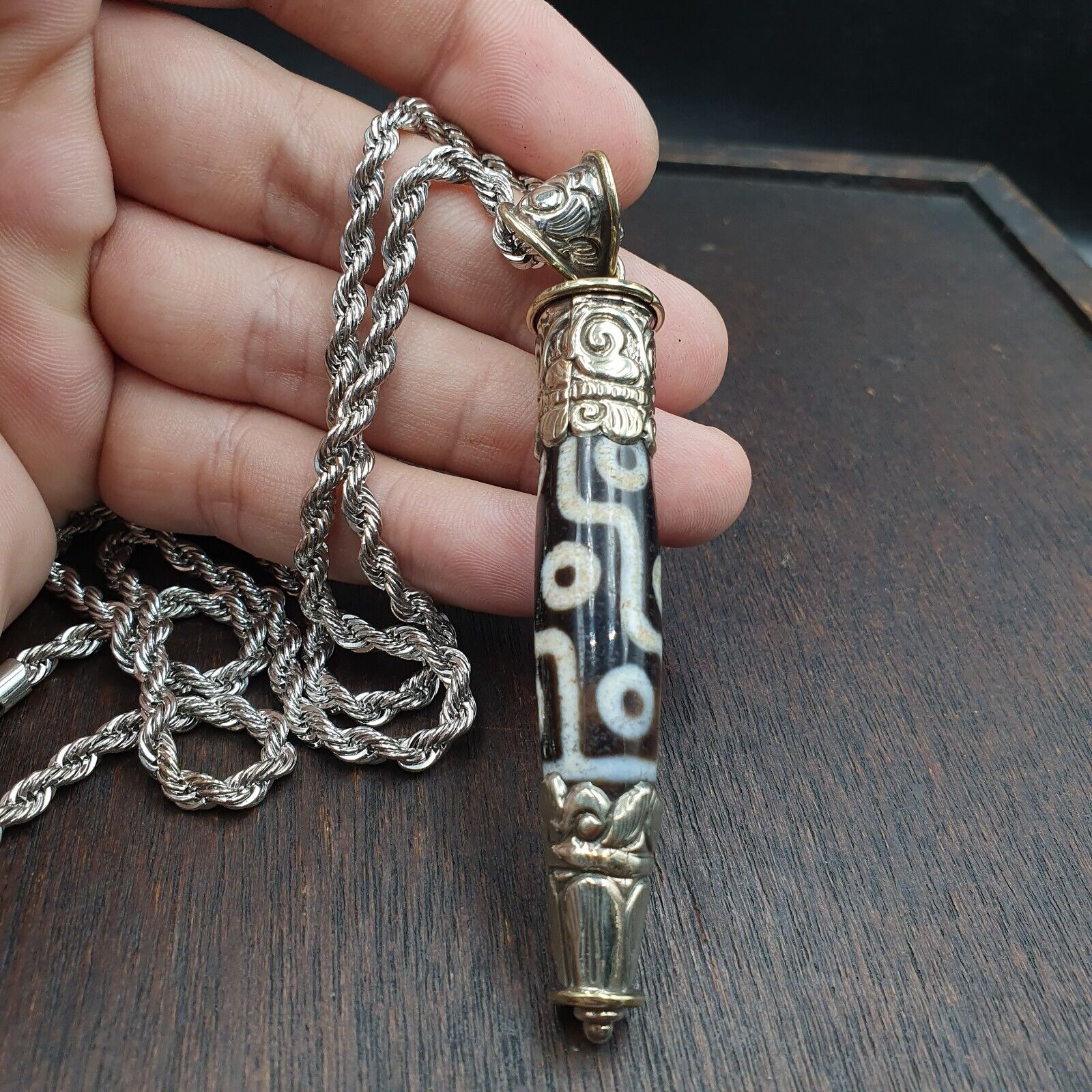 9 falling Eyes Tibetan Silver Nepalese dzi Agate bead pendant Necklace TB-1
