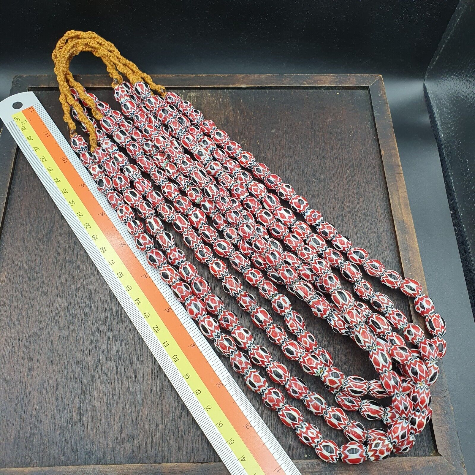 Vintage Venetian African Style Red Glass Chevron Beads Long Strand 10x13mm