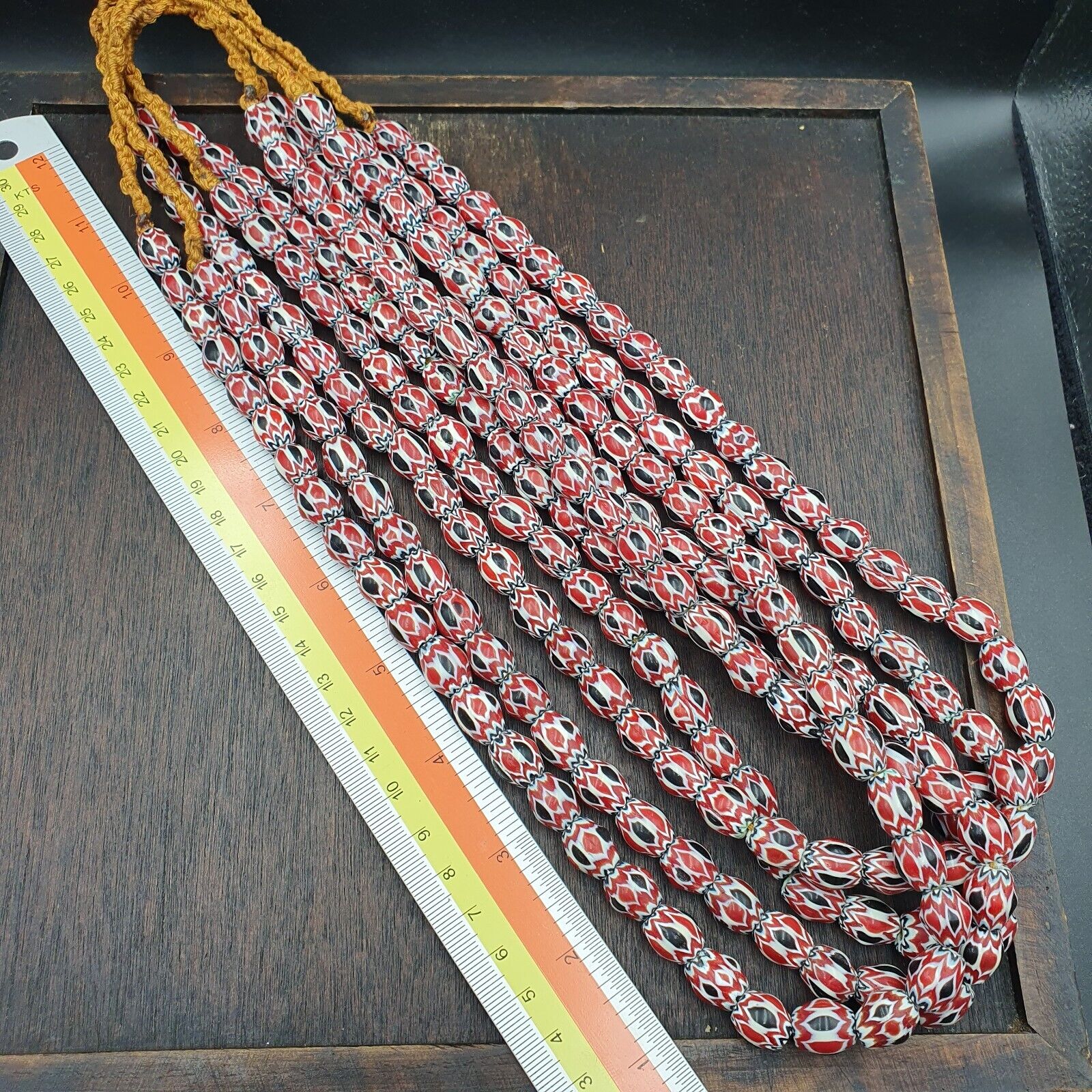 Vintage Venetian African Style Red Glass Chevron Beads Long Strand 10x13mm
