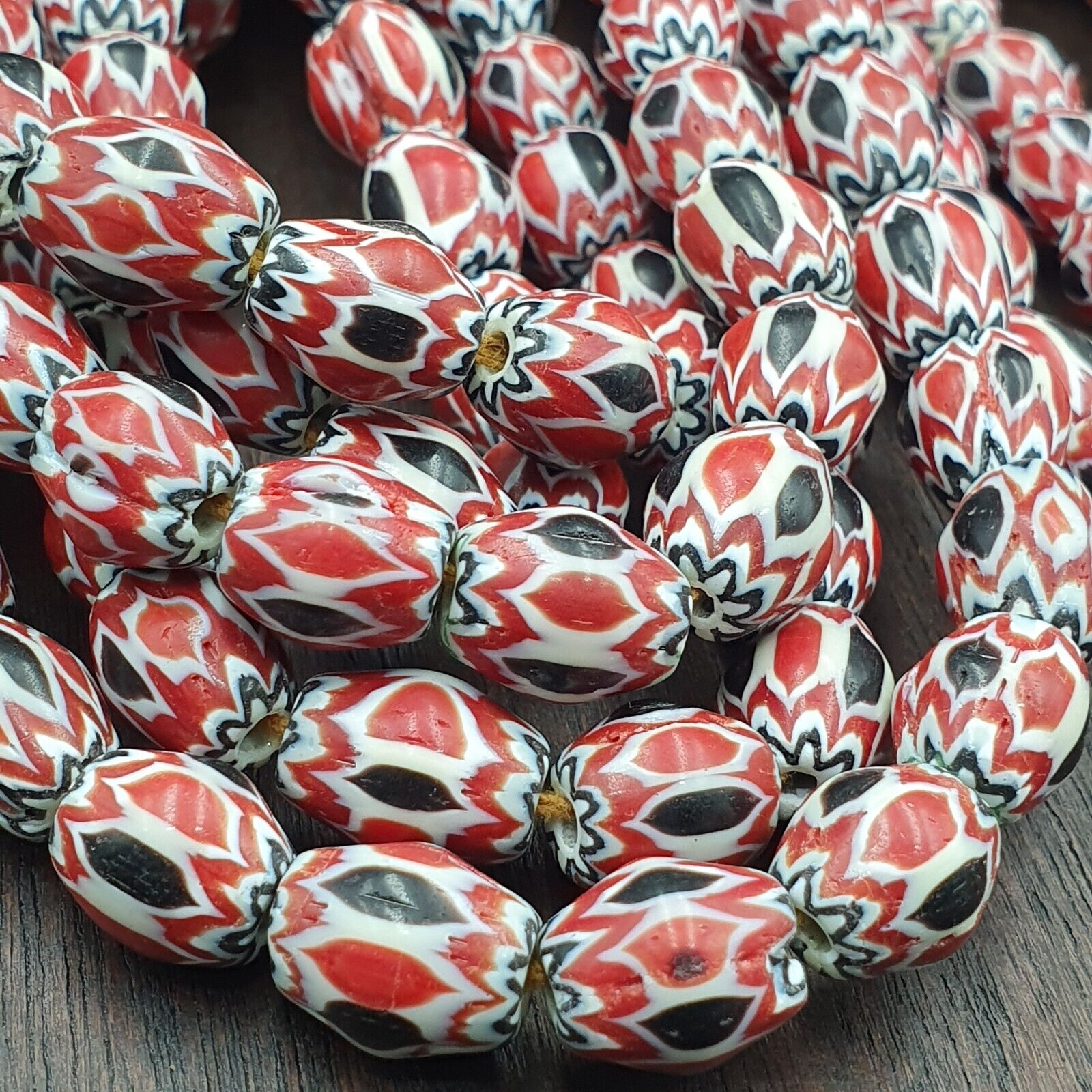 Vintage Venetian African Style Red Glass Chevron Beads Long Strand 10x13mm