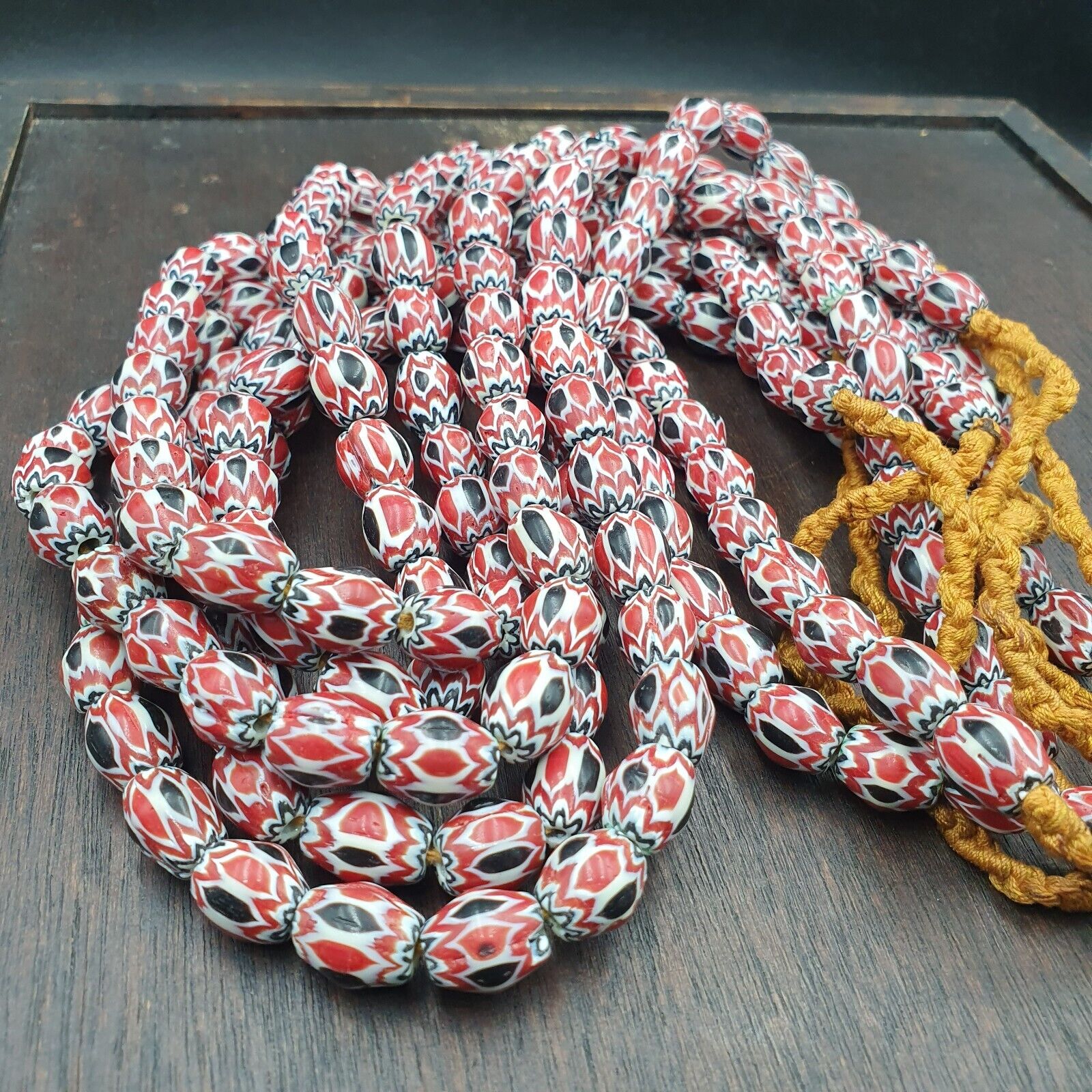 Vintage Venetian African Style Red Glass Chevron Beads Long Strand 10x13mm