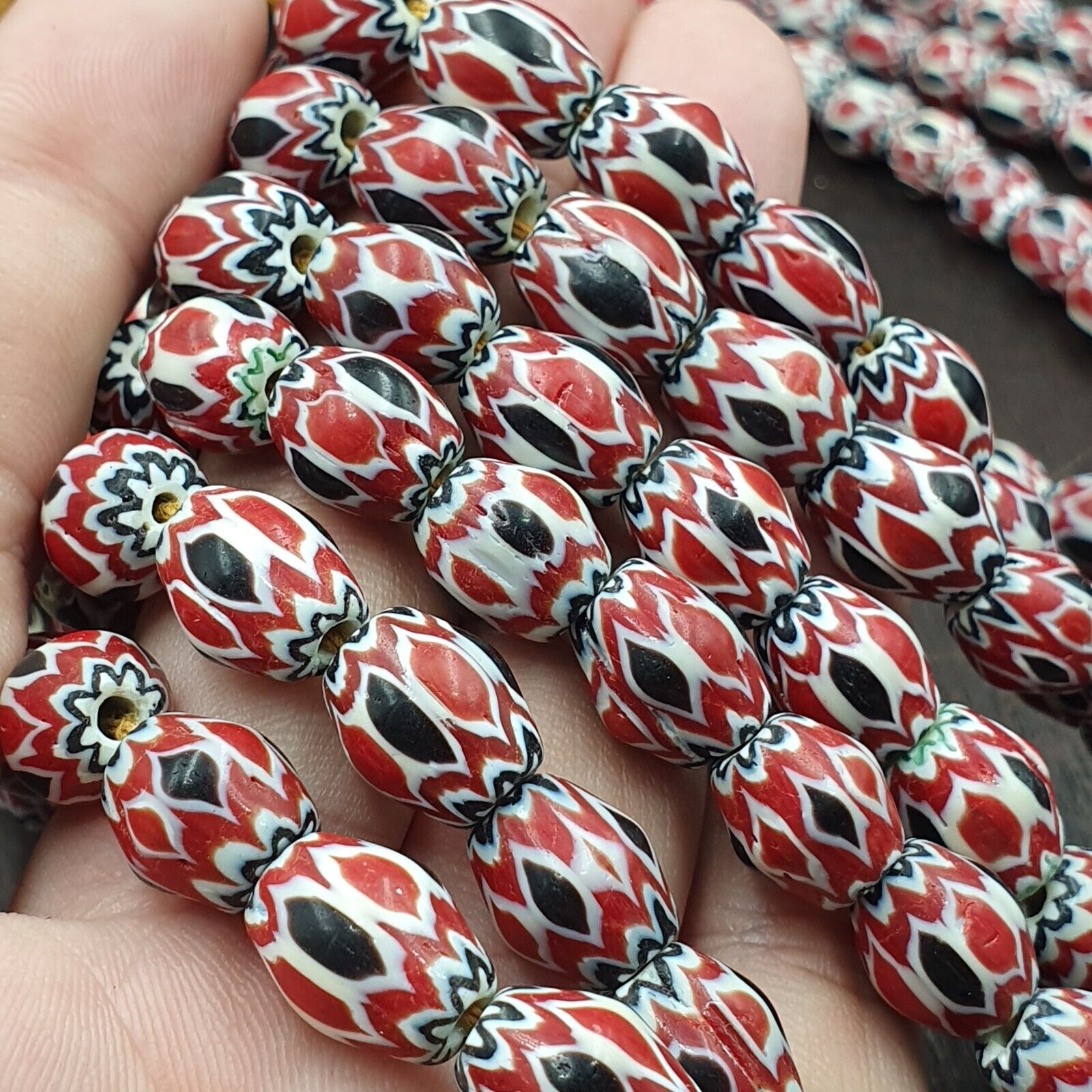 Vintage Venetian African Style Red Glass Chevron Beads Long Strand 10x13mm