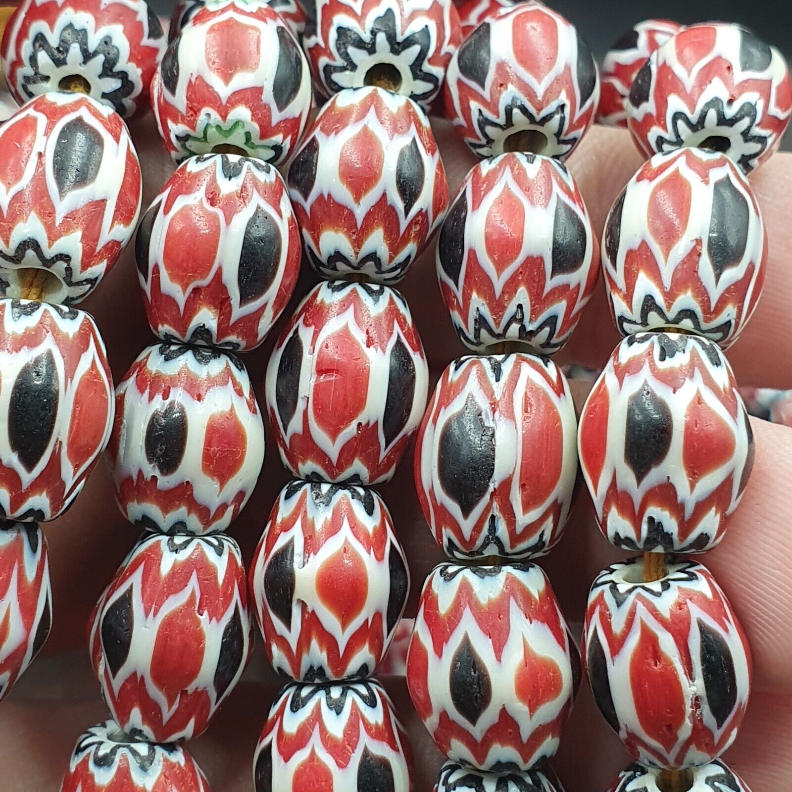 Vintage Venetian African Style Red Glass Chevron Beads Long Strand 10x13mm