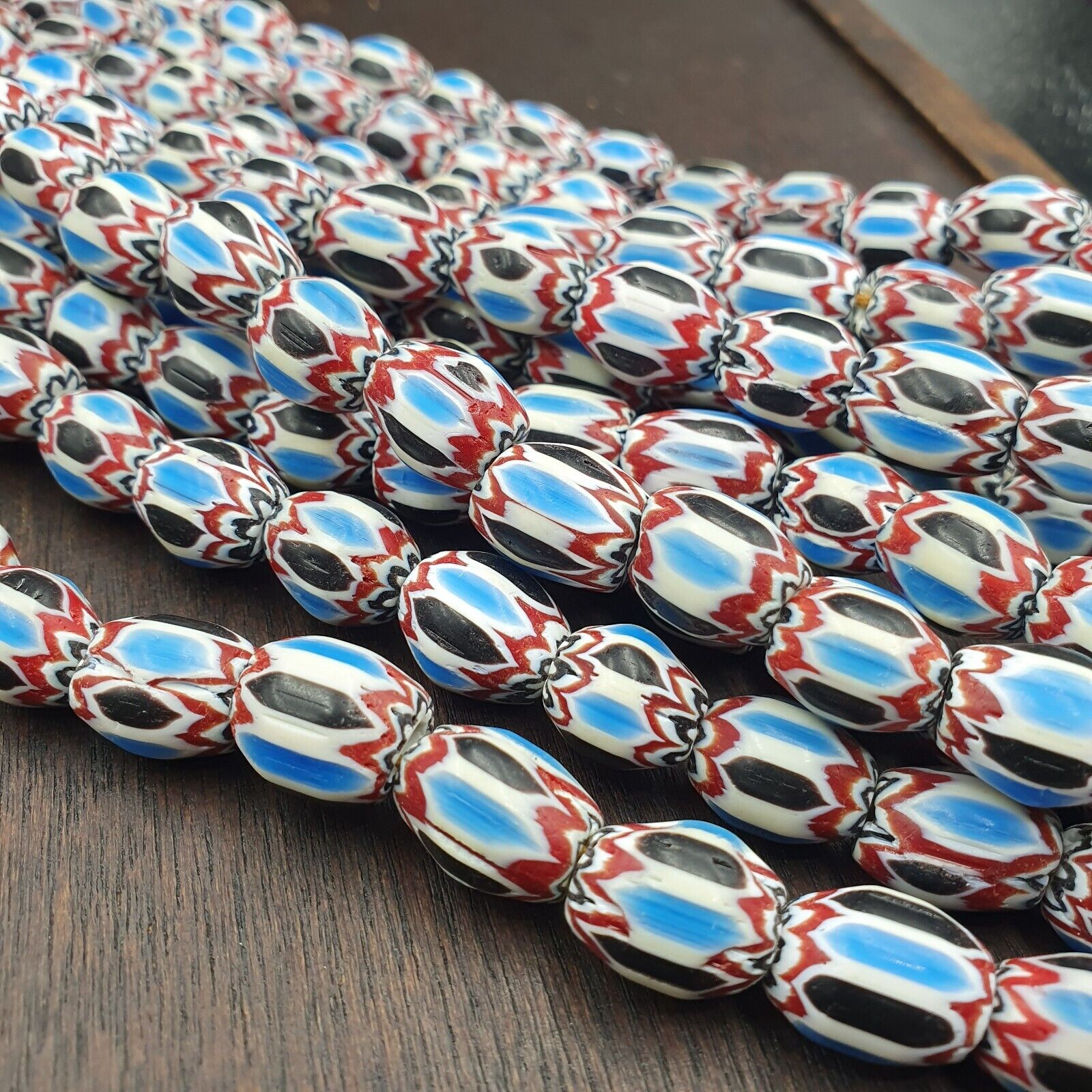 Vintage Venetian African Style Blue Glass Chevron Beads Long Strand 11x13mm