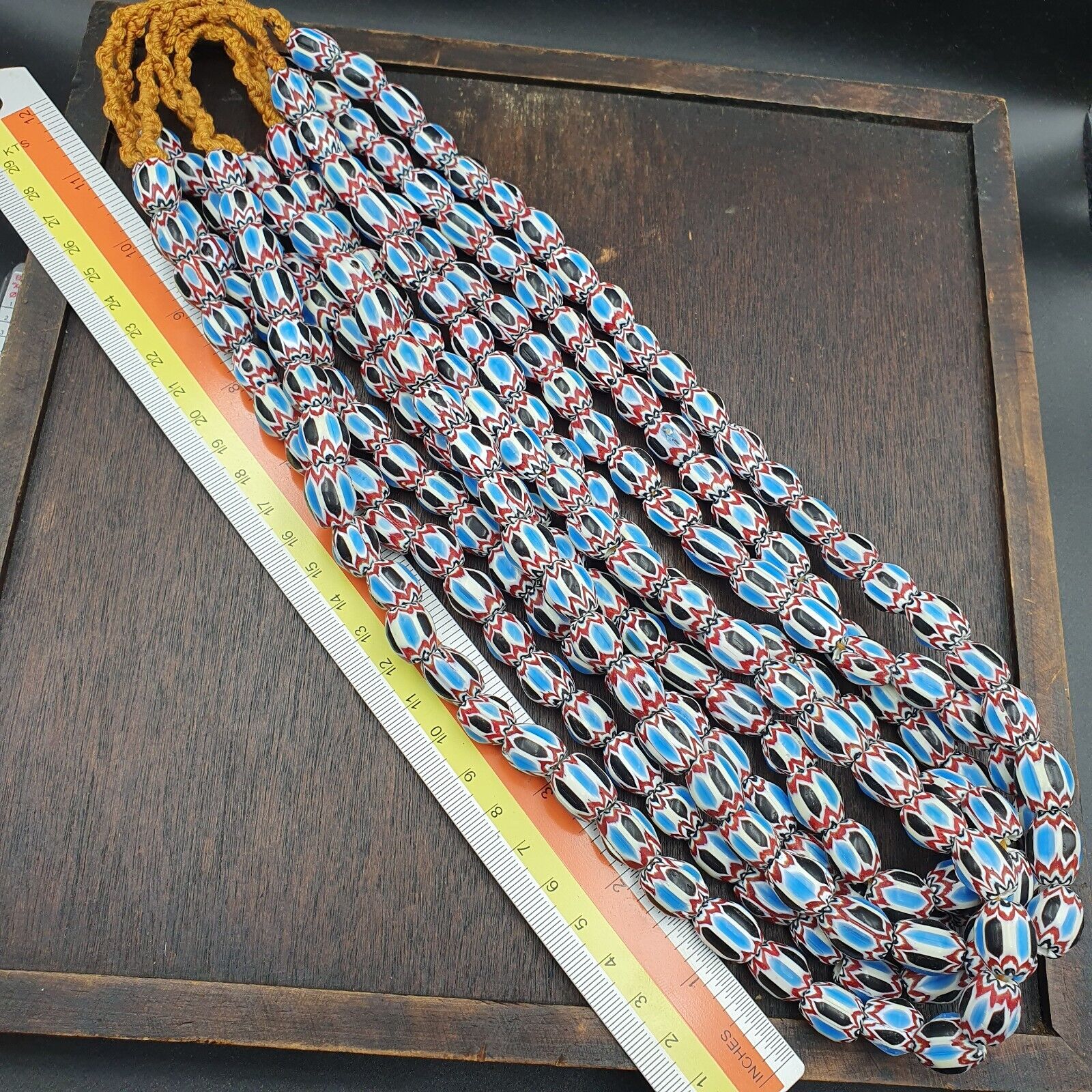 Vintage Venetian African Style Blue Glass Chevron Beads Long Strand 11x13mm