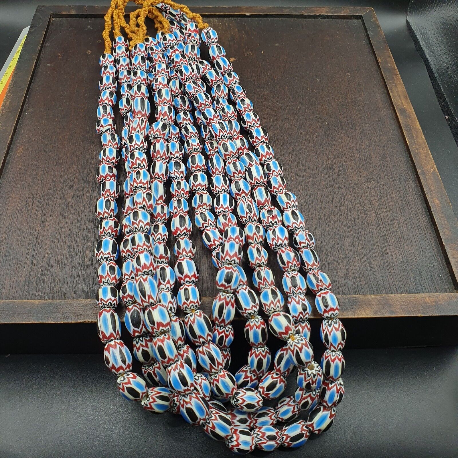 Vintage Venetian African Style Blue Glass Chevron Beads Long Strand 11x13mm