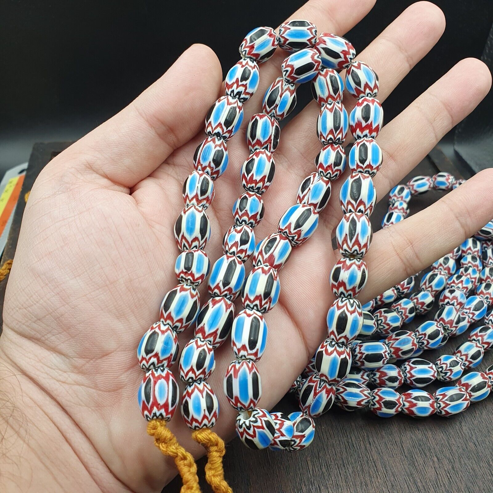 Vintage Venetian African Style Blue Glass Chevron Beads Long Strand 11x13mm