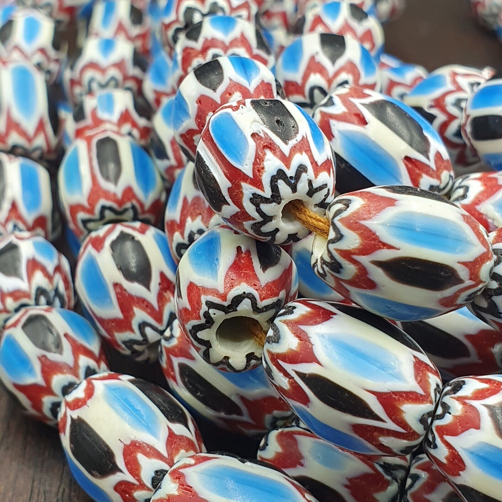 Vintage Venetian African Style Blue Glass Chevron Beads Long Strand 11x13mm