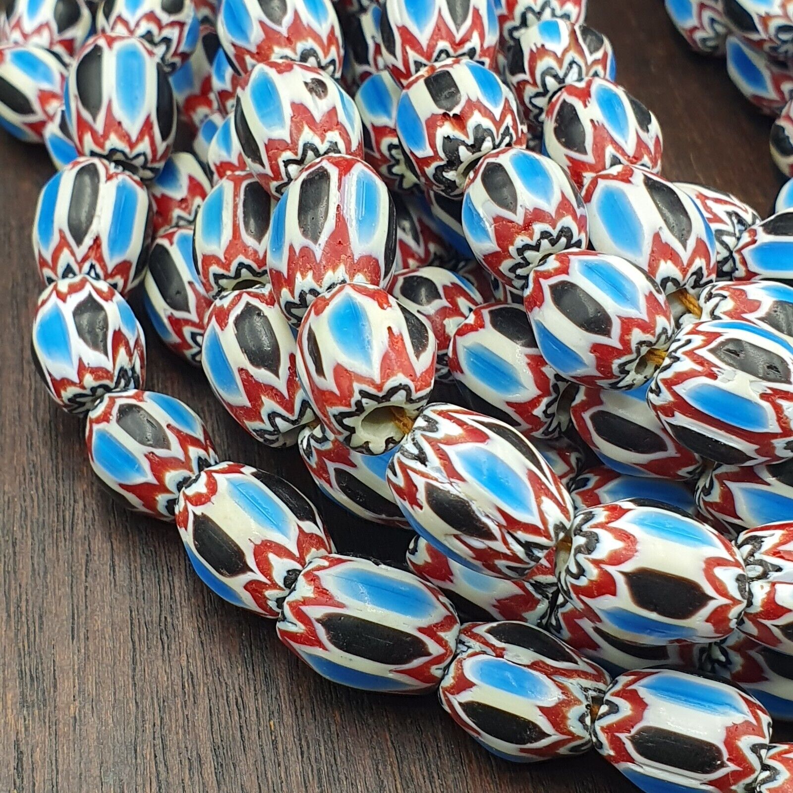 Vintage Venetian African Style Blue Glass Chevron Beads Long Strand 11x13mm
