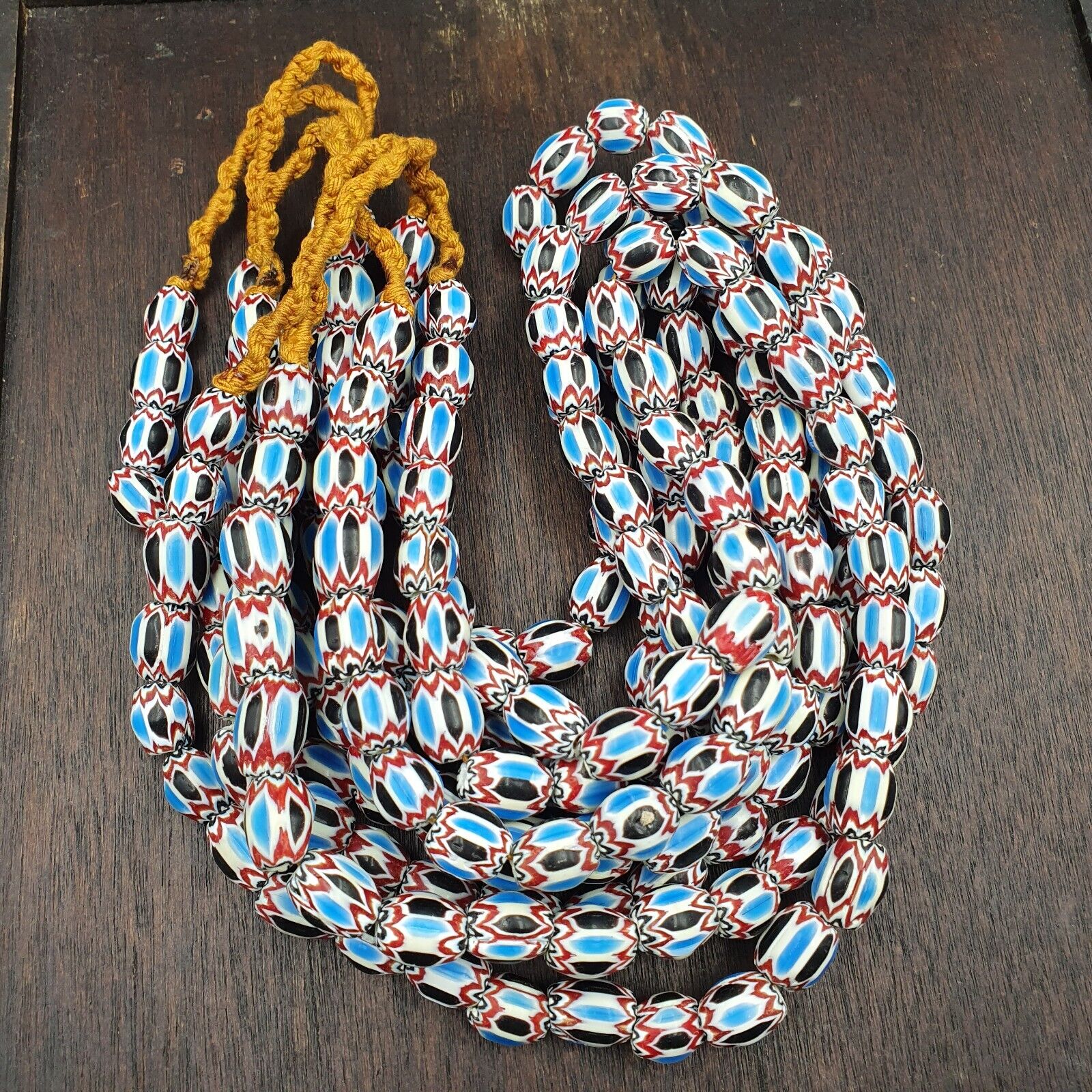 Vintage Venetian African Style Blue Glass Chevron Beads Long Strand 11x13mm