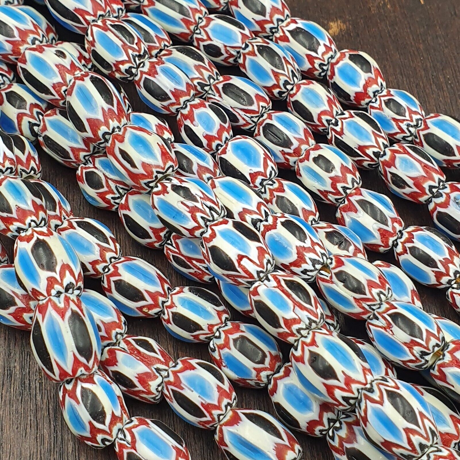 Vintage Venetian African Style Blue Glass Chevron Beads Long Strand 11x13mm