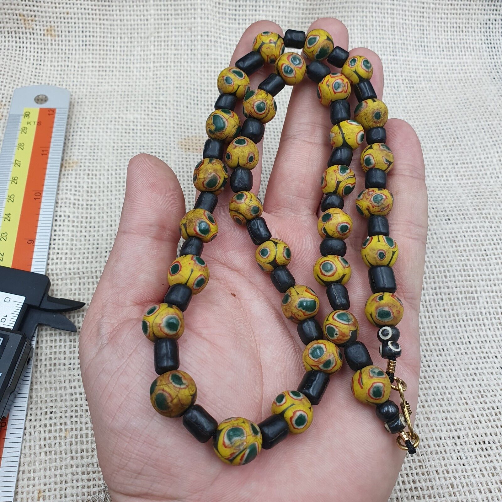 GBR-2. Vintage Black Yellow, green Gabri Eyes Glass Beads Strand Necklace