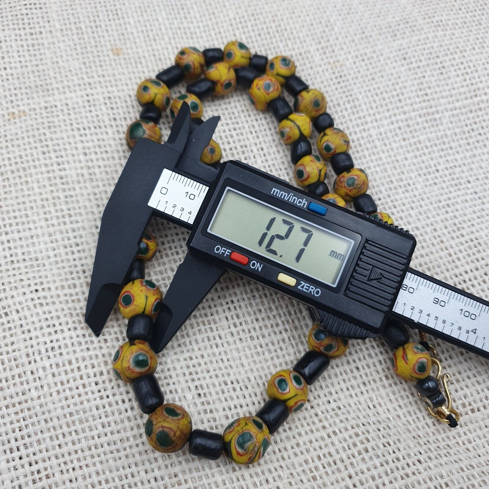 GBR-2. Vintage Black Yellow, green Gabri Eyes Glass Beads Strand Necklace