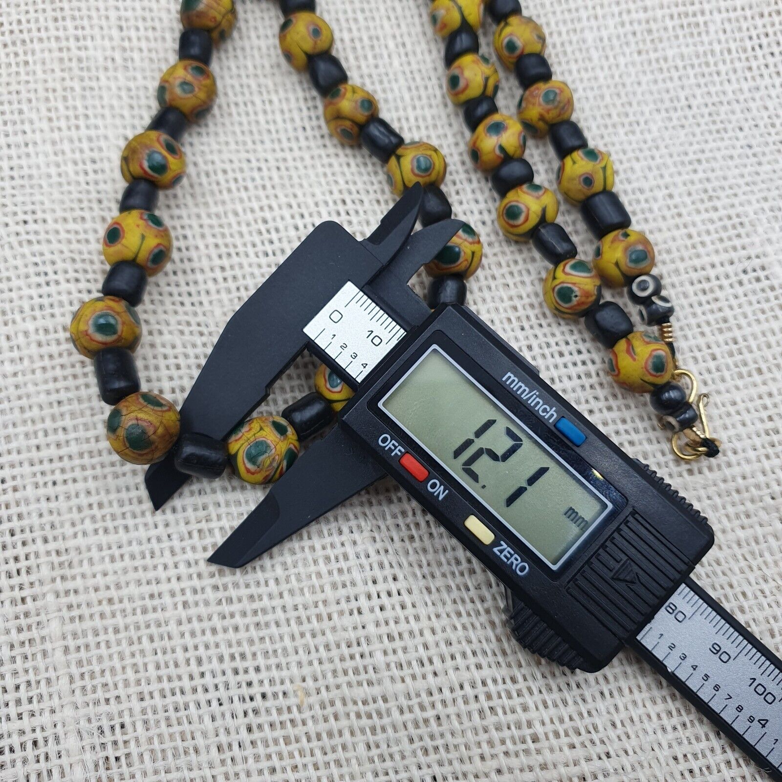GBR-2. Vintage Black Yellow, green Gabri Eyes Glass Beads Strand Necklace