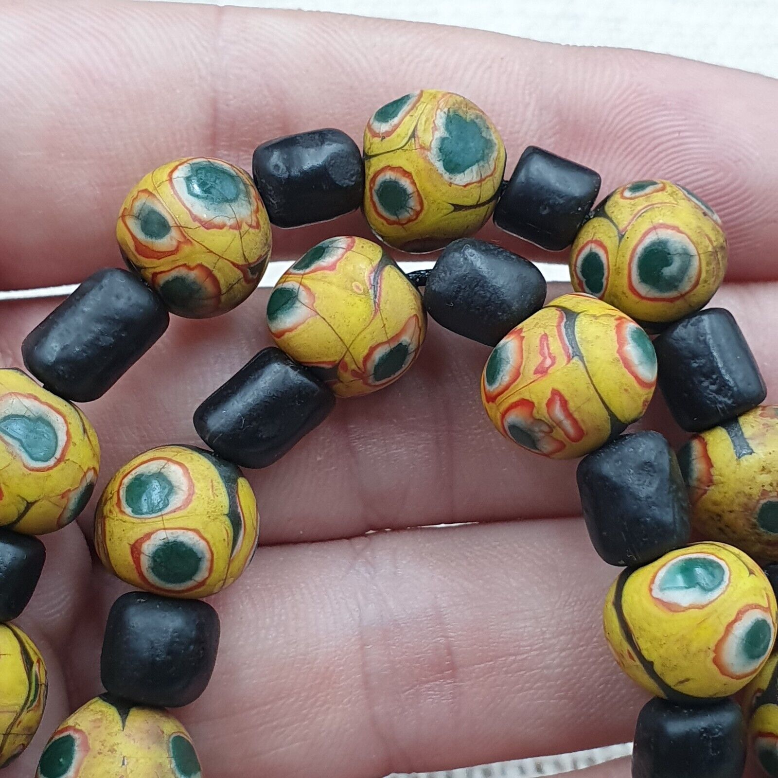 GBR-2. Vintage Black Yellow, green Gabri Eyes Glass Beads Strand Necklace