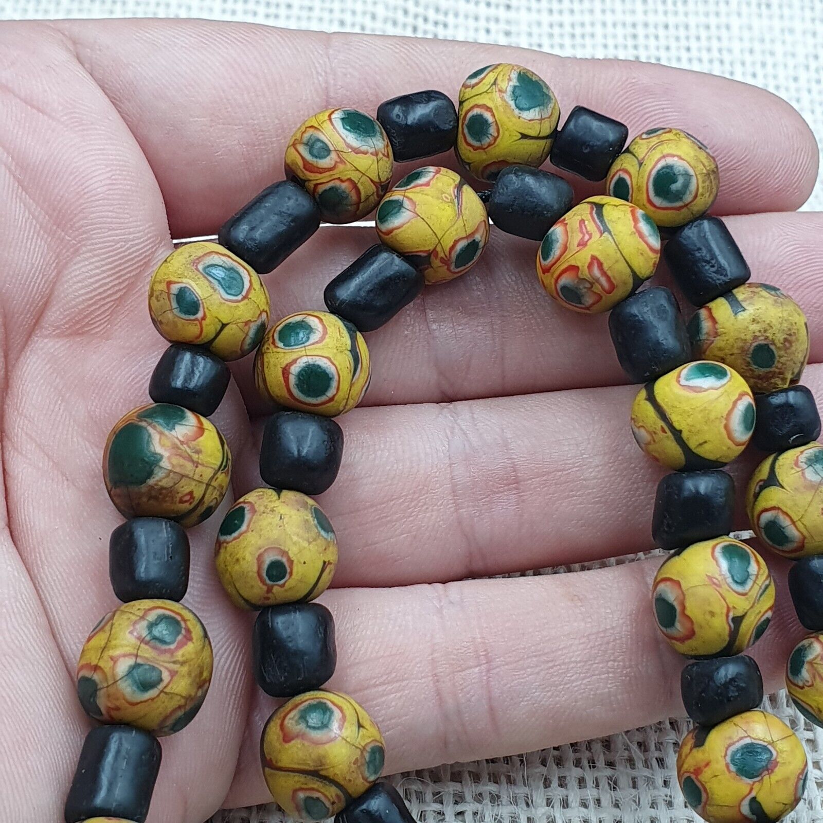 GBR-2. Vintage Black Yellow, green Gabri Eyes Glass Beads Strand Necklace