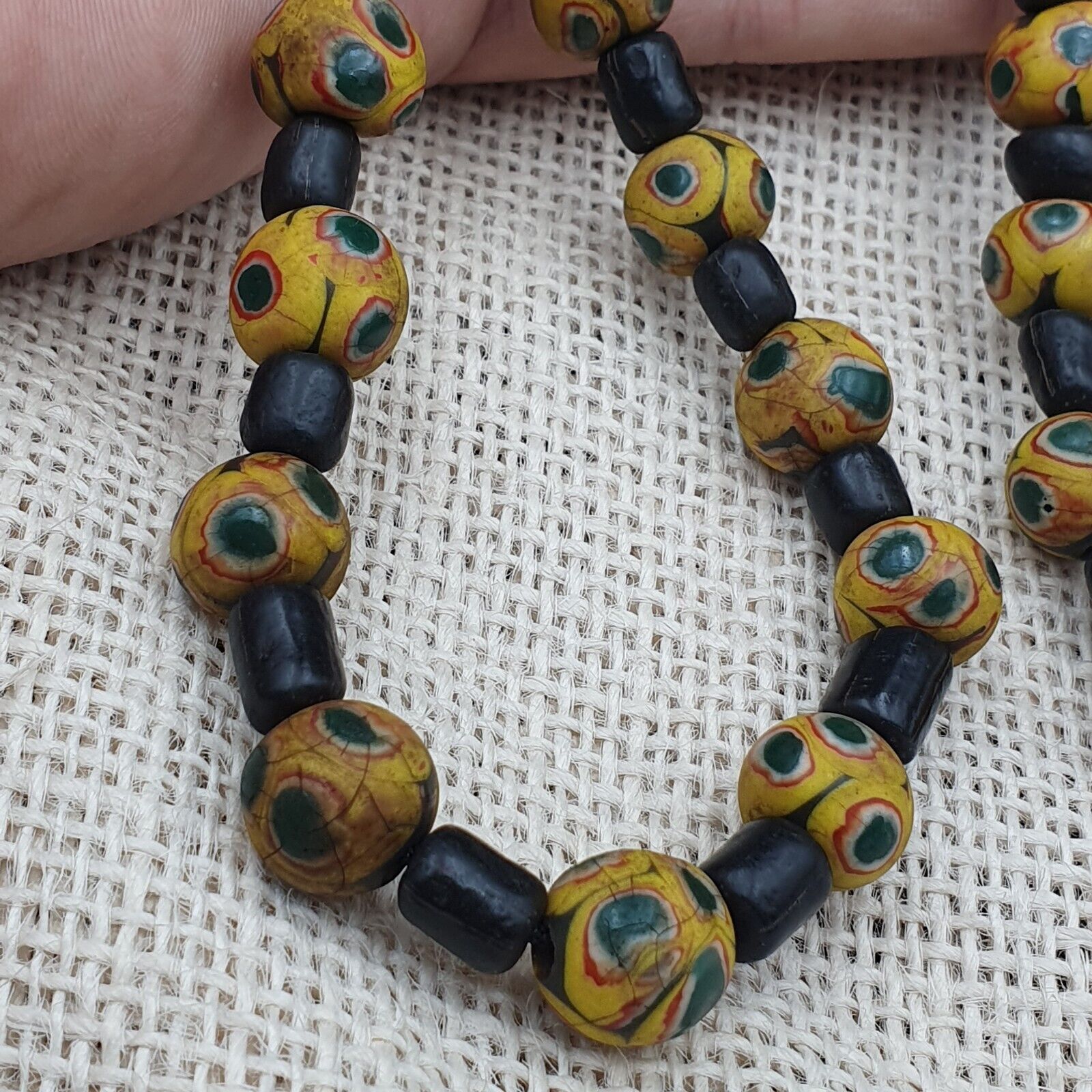 GBR-2. Vintage Black Yellow, green Gabri Eyes Glass Beads Strand Necklace