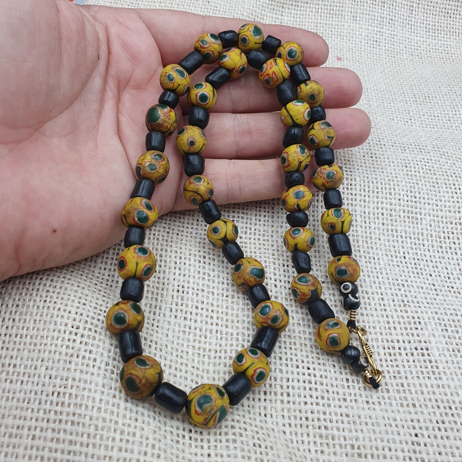 GBR-2. Vintage Black Yellow, green Gabri Eyes Glass Beads Strand Necklace