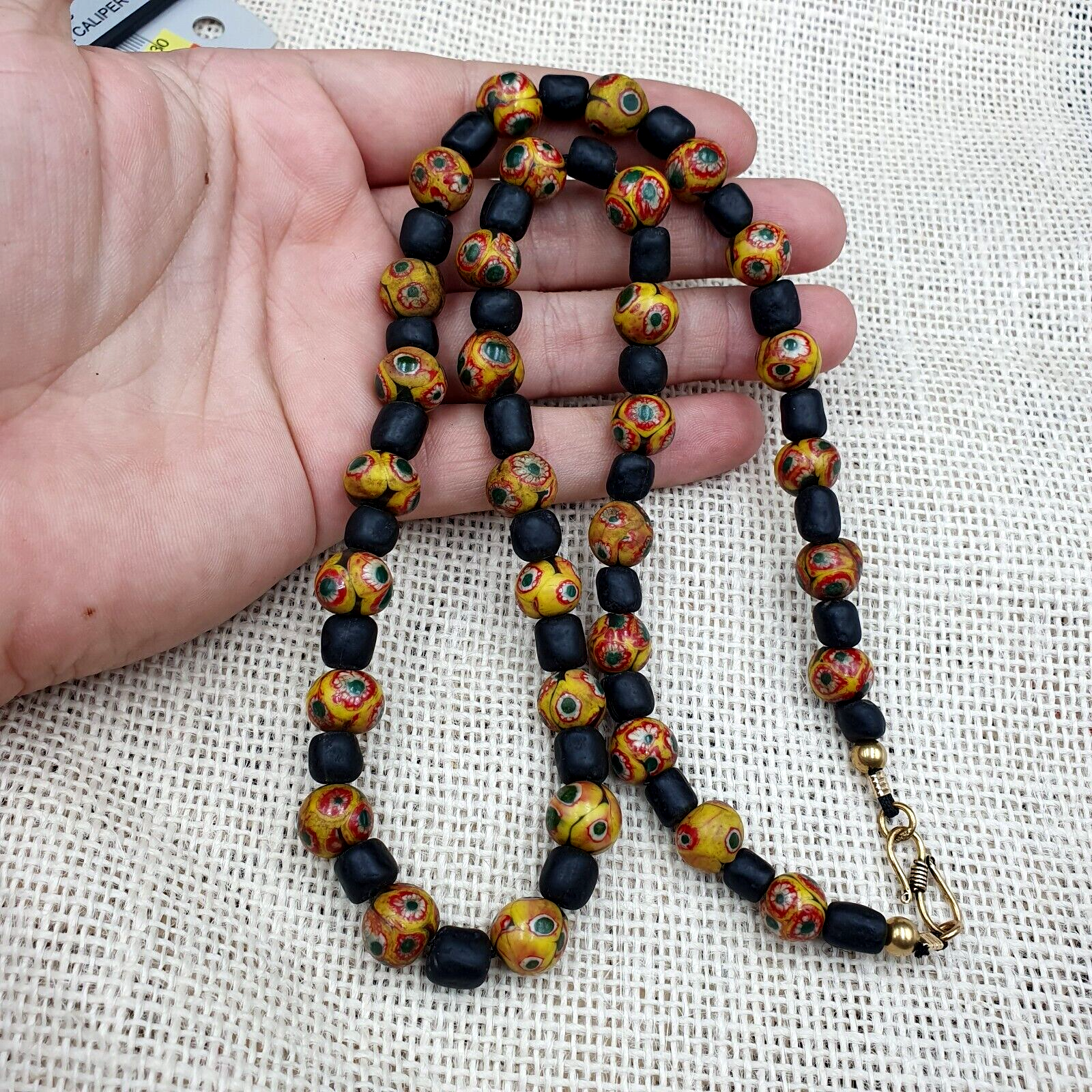 Vintage Black Yellow, green Gabri Eyes Glass Beads Strand Necklace