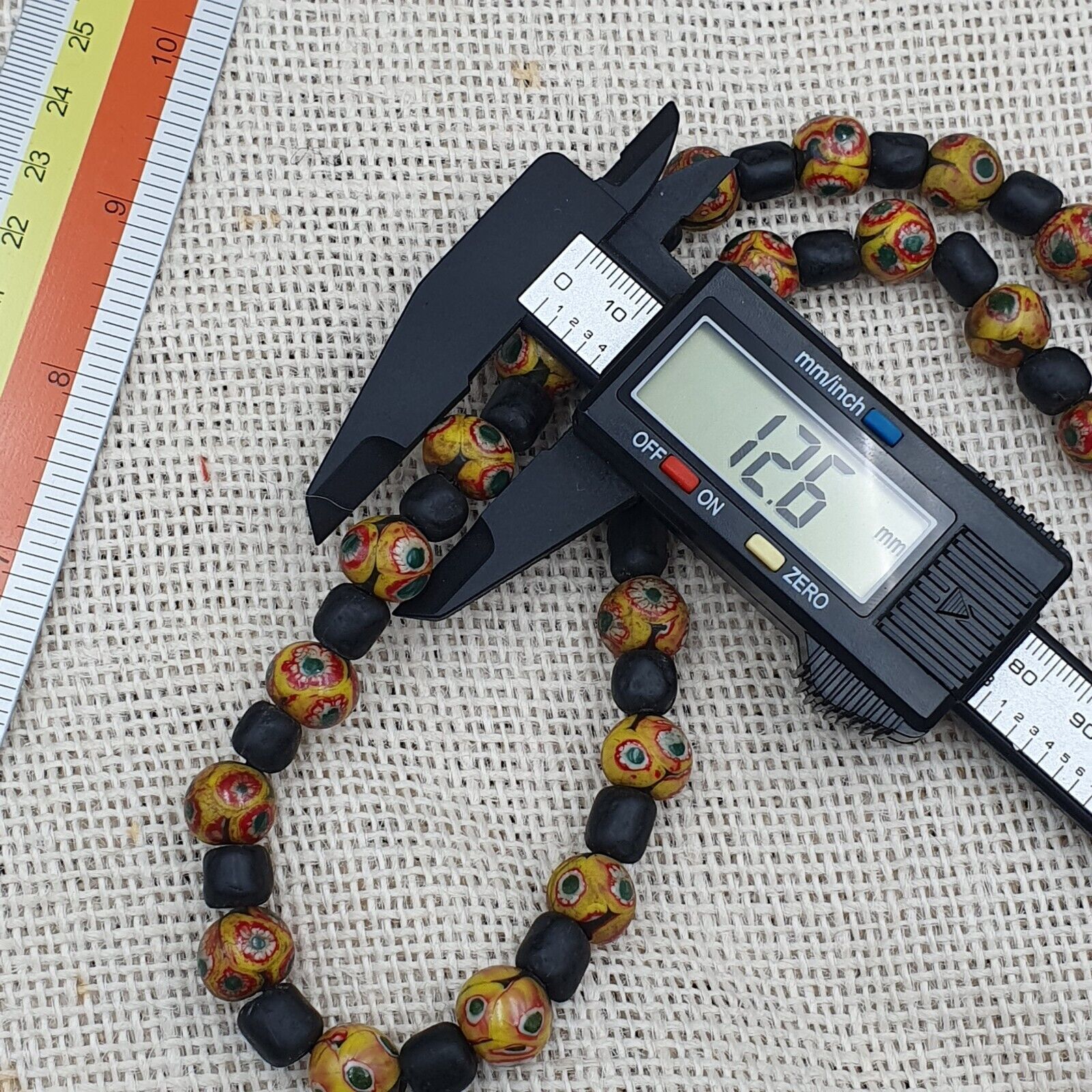 Vintage Black Yellow, green Gabri Eyes Glass Beads Strand Necklace