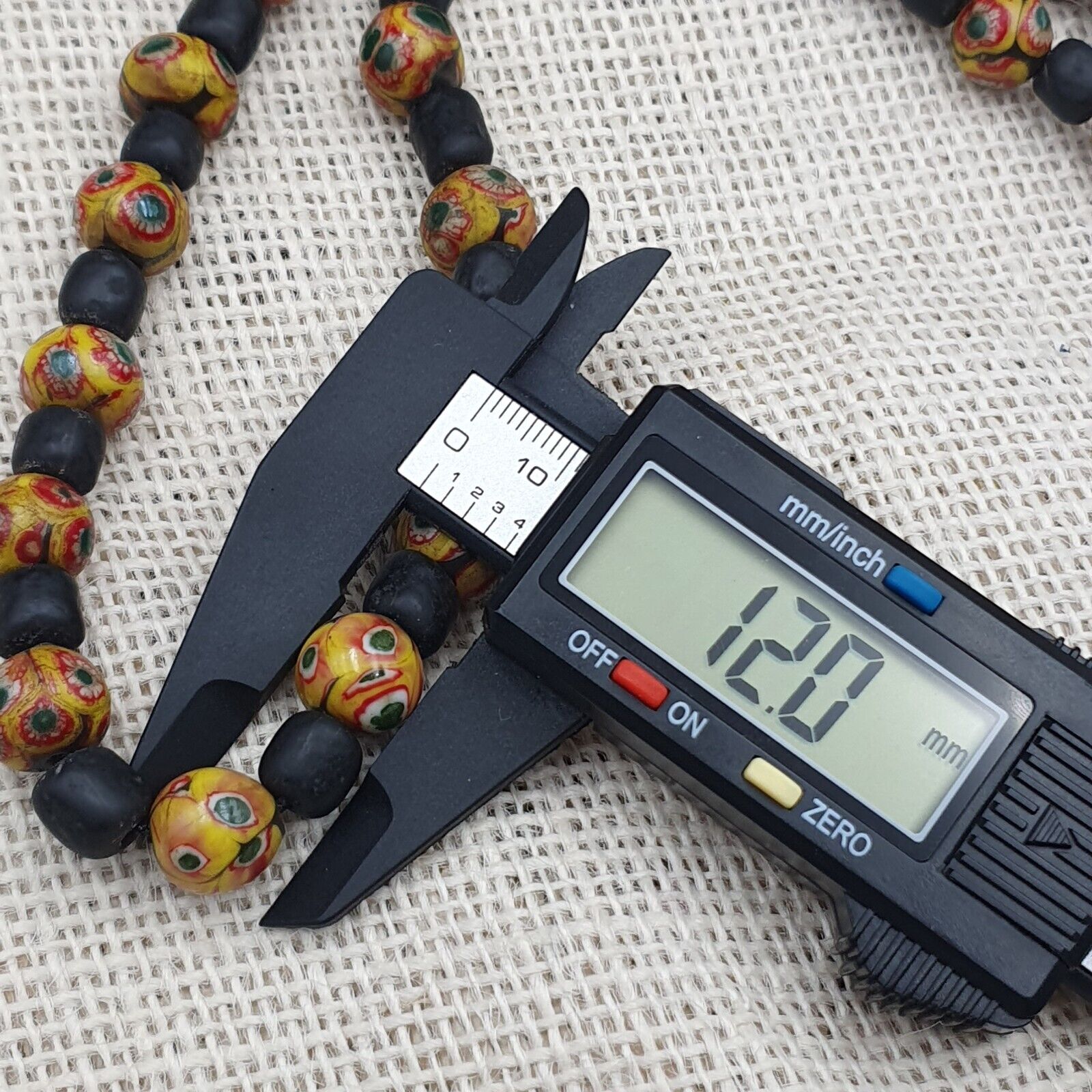 Vintage Black Yellow, green Gabri Eyes Glass Beads Strand Necklace