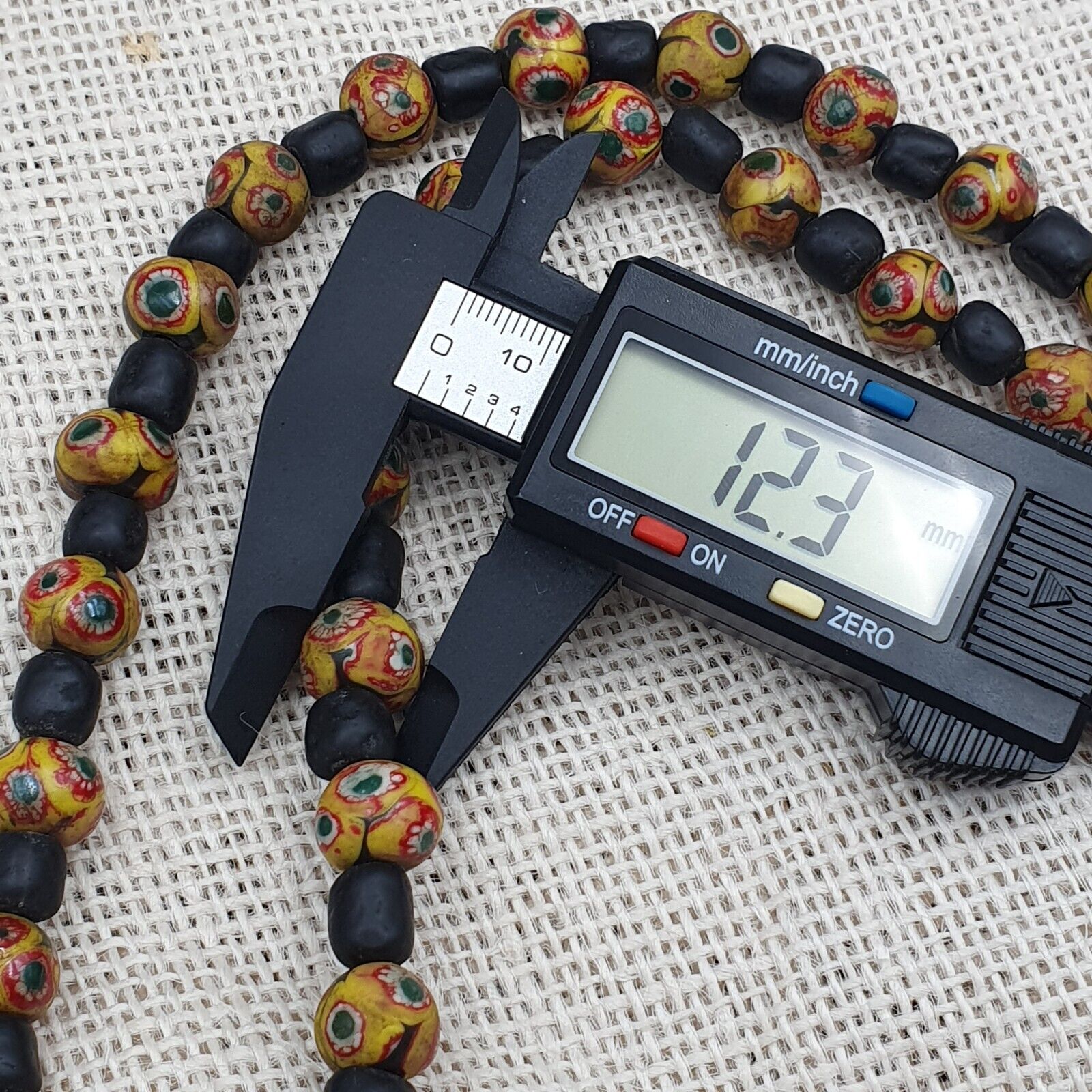 Vintage Black Yellow, green Gabri Eyes Glass Beads Strand Necklace