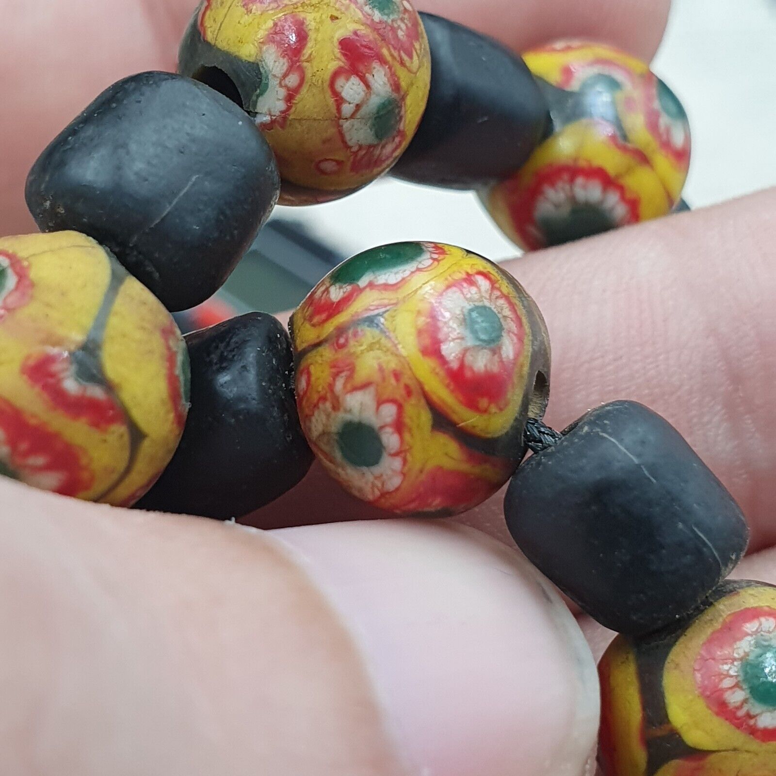Vintage Black Yellow, green Gabri Eyes Glass Beads Strand Necklace