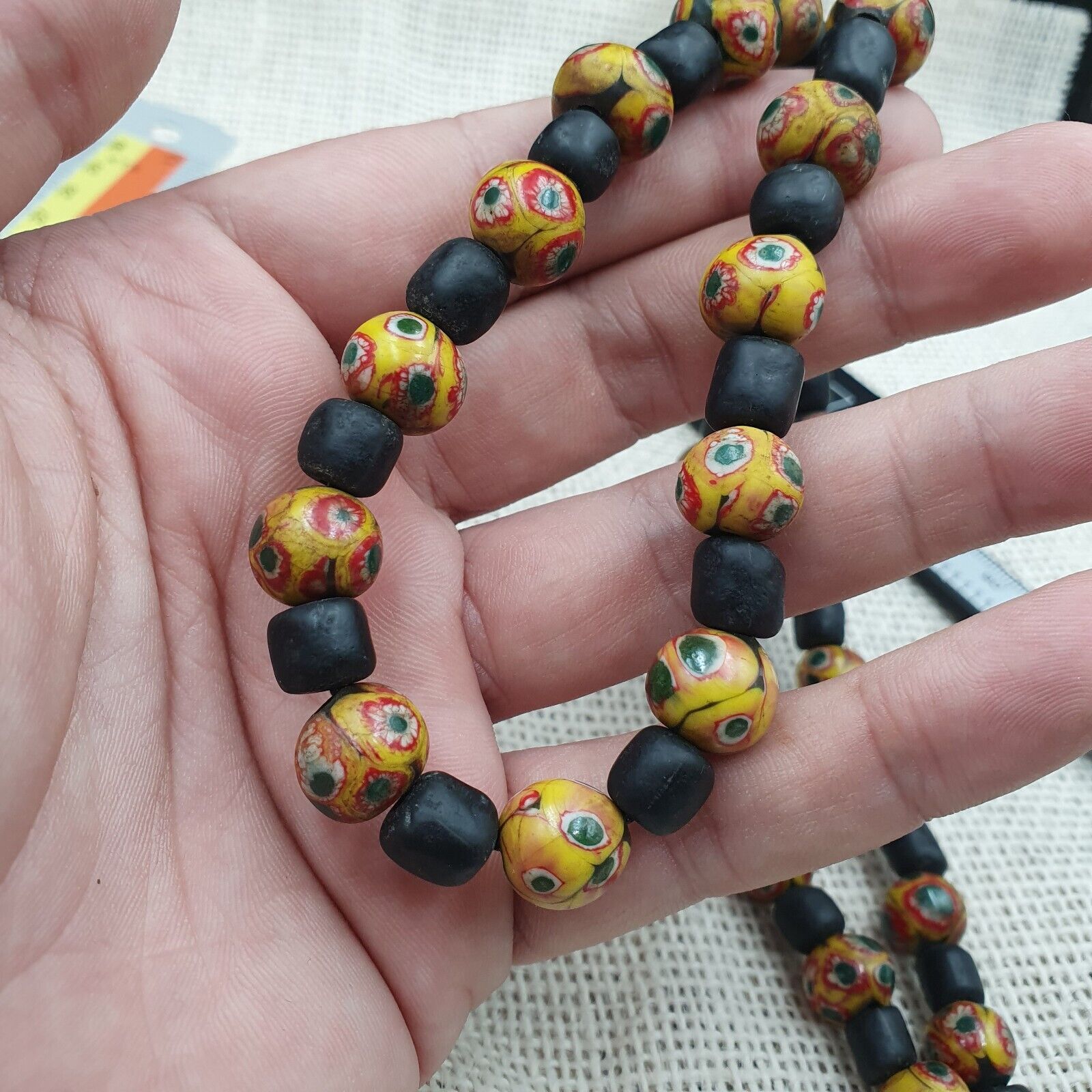 Vintage Black Yellow, green Gabri Eyes Glass Beads Strand Necklace