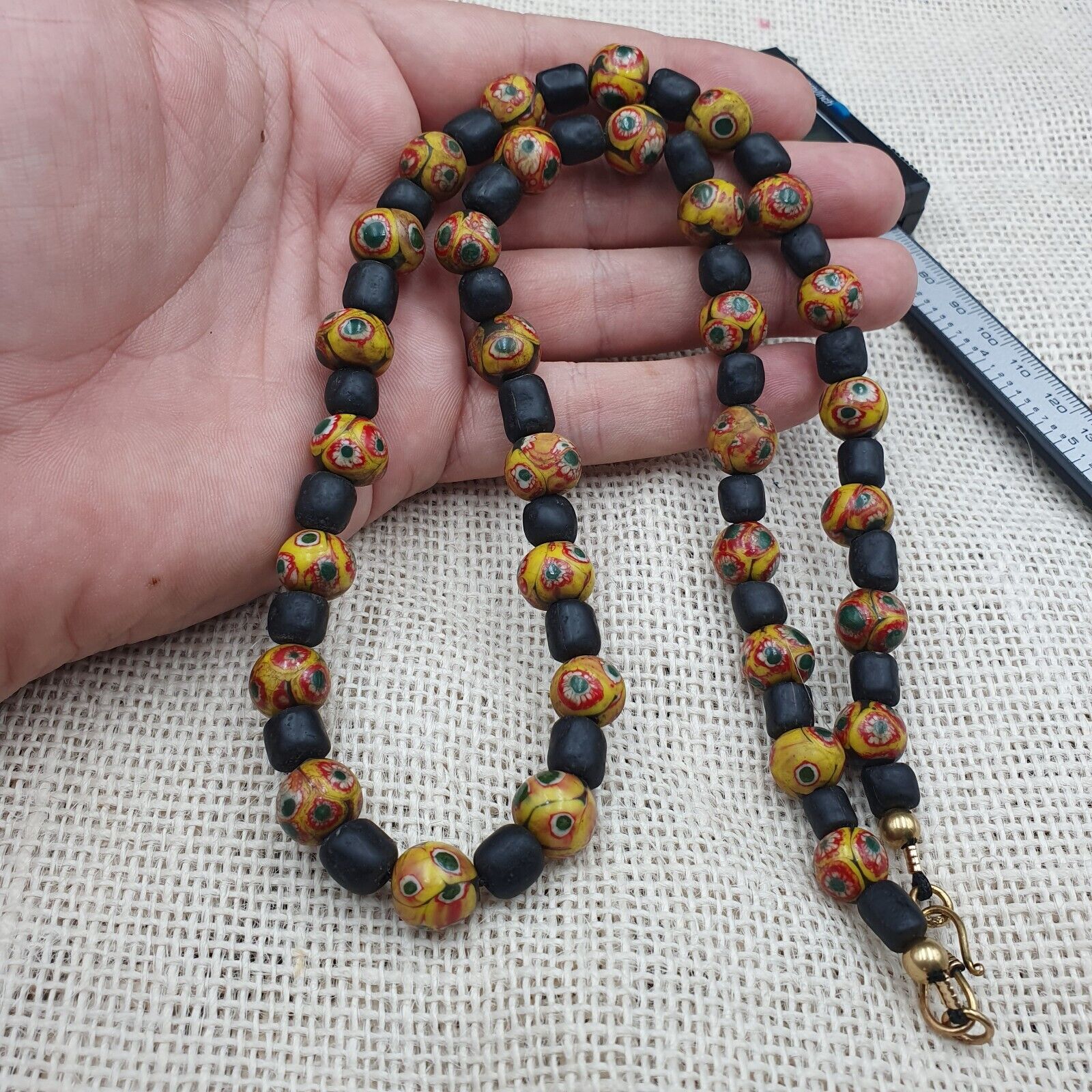 Vintage Black Yellow, green Gabri Eyes Glass Beads Strand Necklace