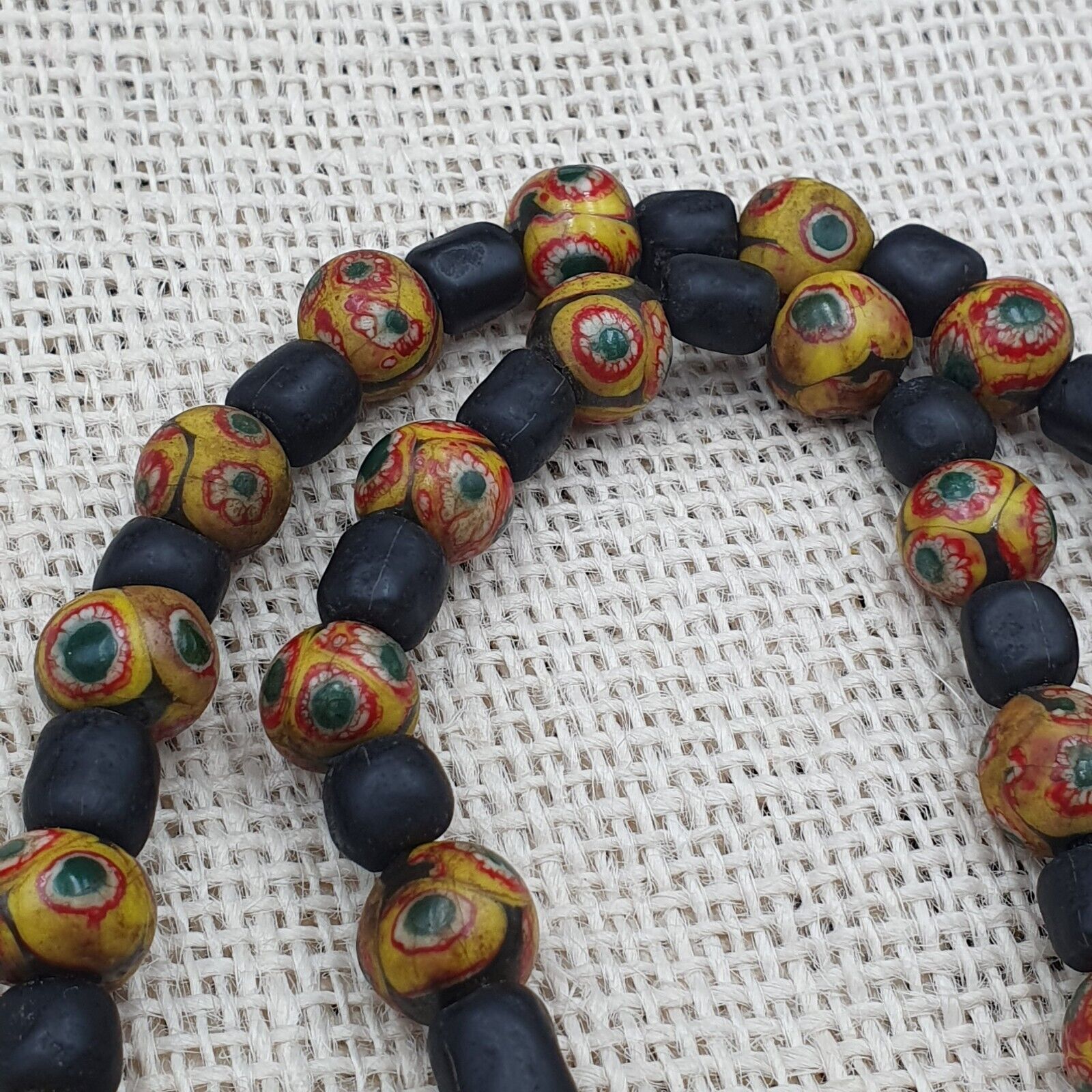 Vintage Black Yellow, green Gabri Eyes Glass Beads Strand Necklace
