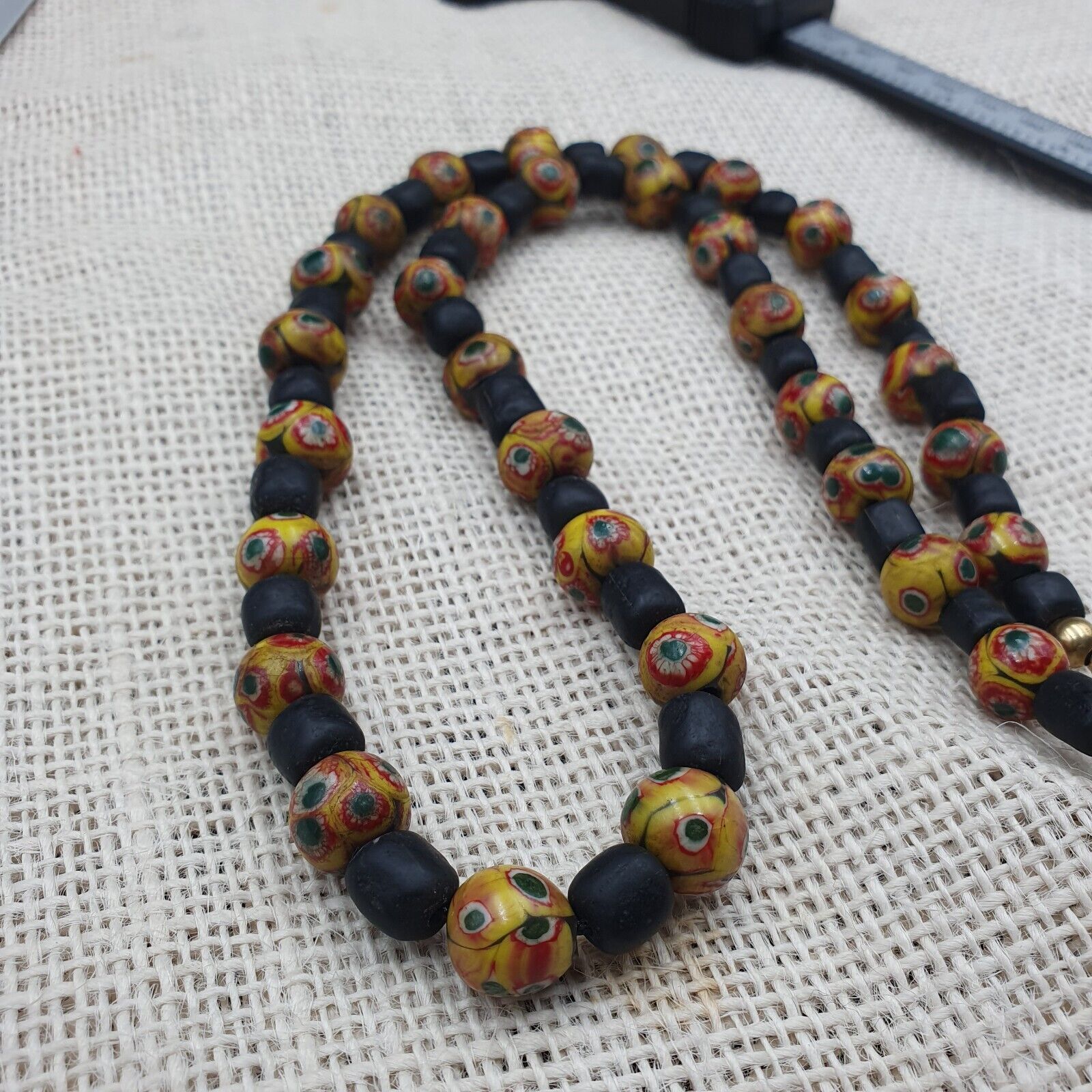 Vintage Black Yellow, green Gabri Eyes Glass Beads Strand Necklace