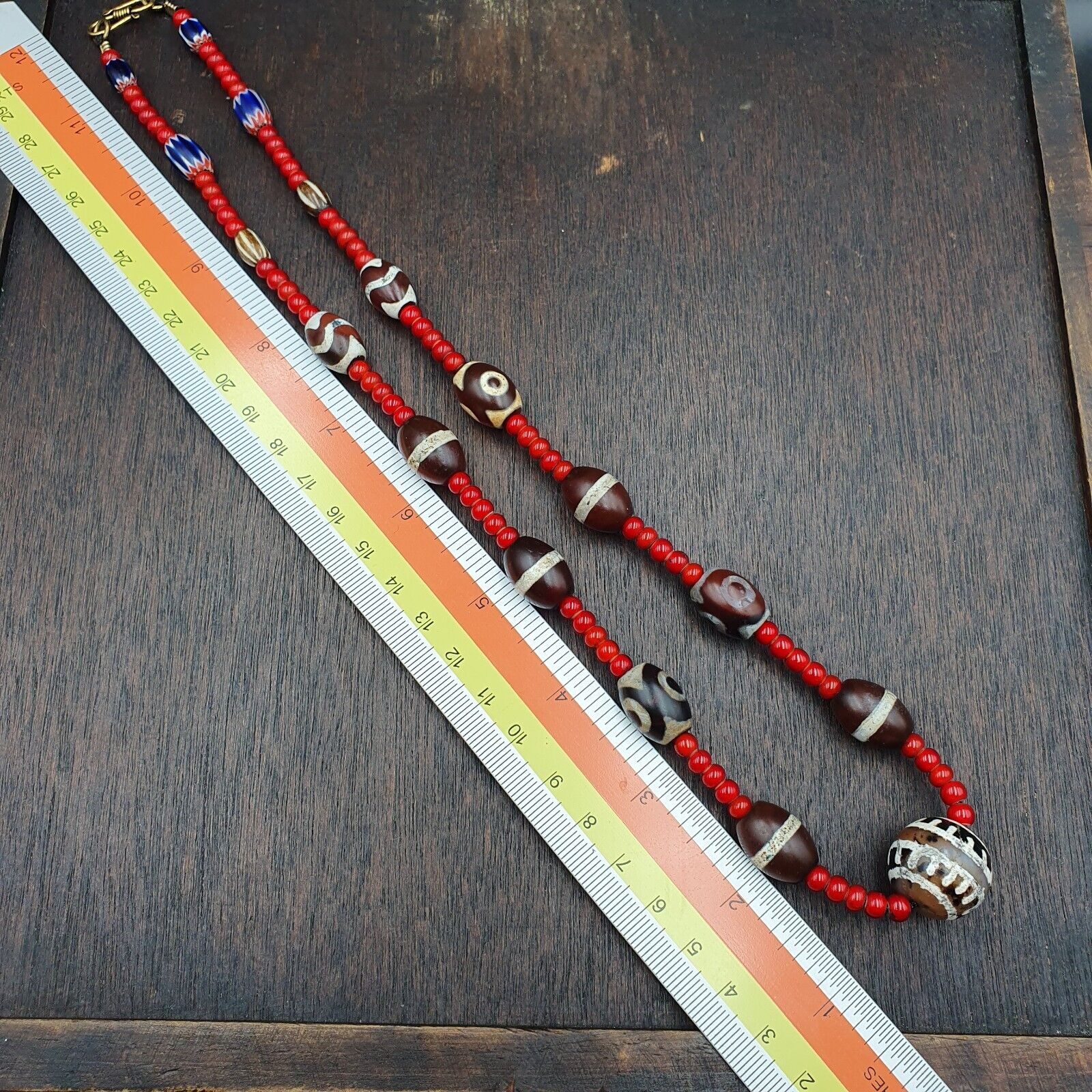 Antique Tibetan Etched Agate Beads with Venetian white Heart Bead Necklace