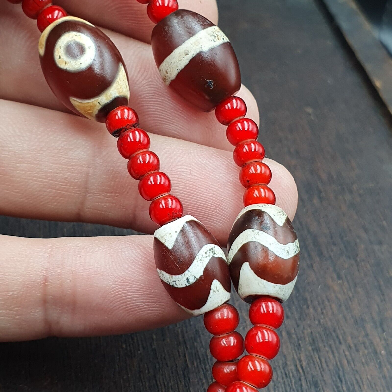 Antique Tibetan Etched Agate Beads with Venetian white Heart Bead Necklace