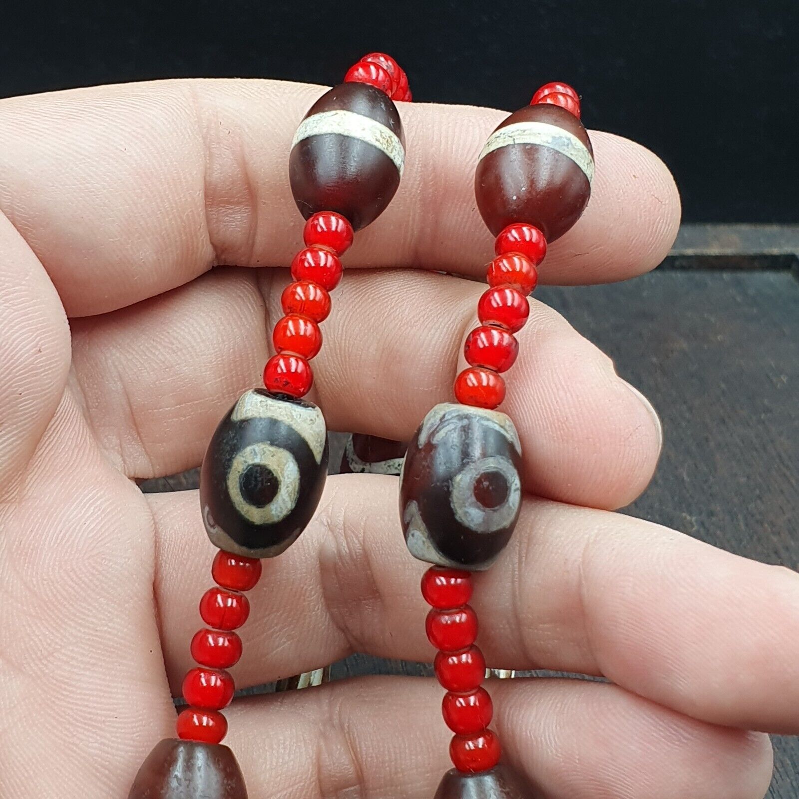 Antique Tibetan Etched Agate Beads with Venetian white Heart Bead Necklace
