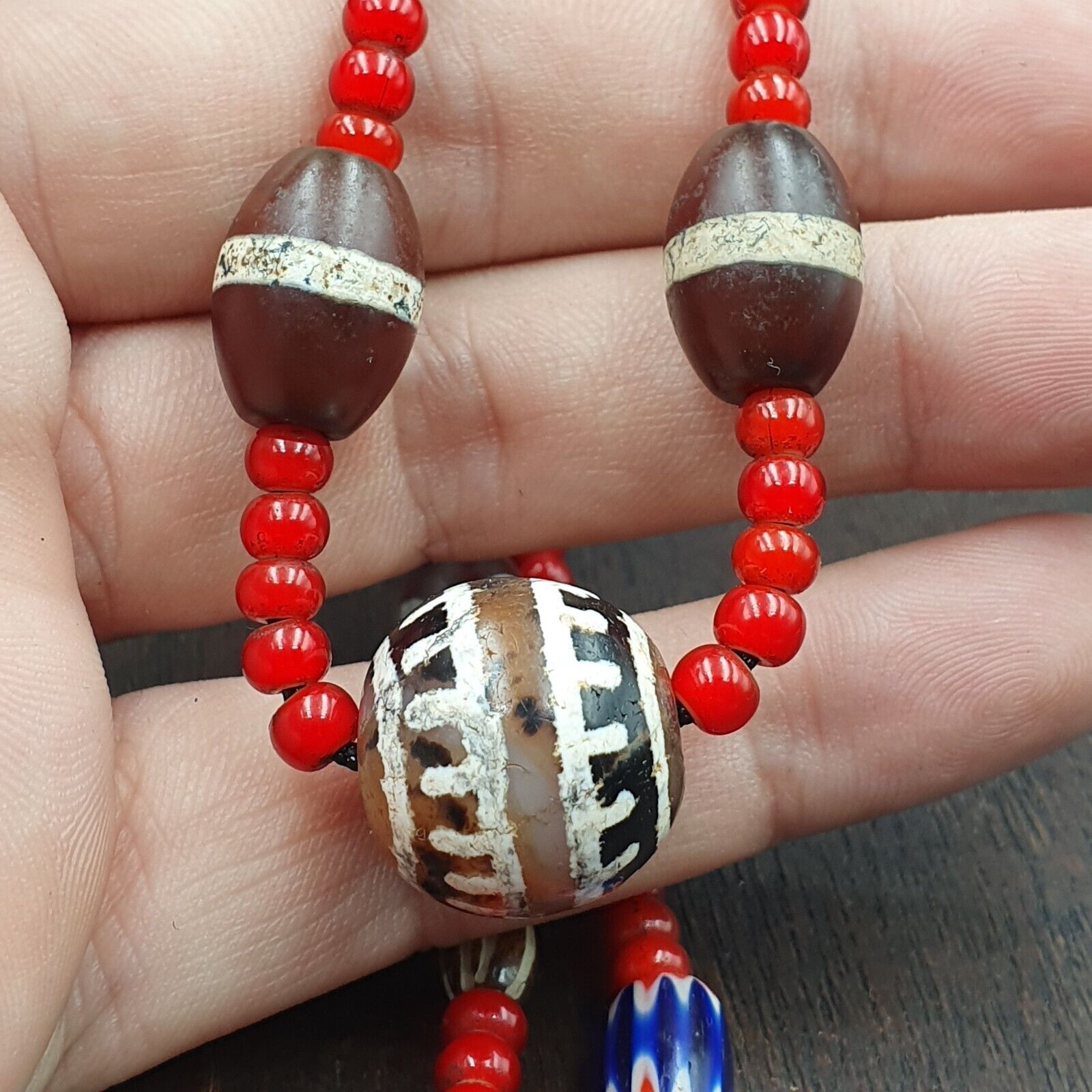 Antique Tibetan Etched Agate Beads with Venetian white Heart Bead Necklace