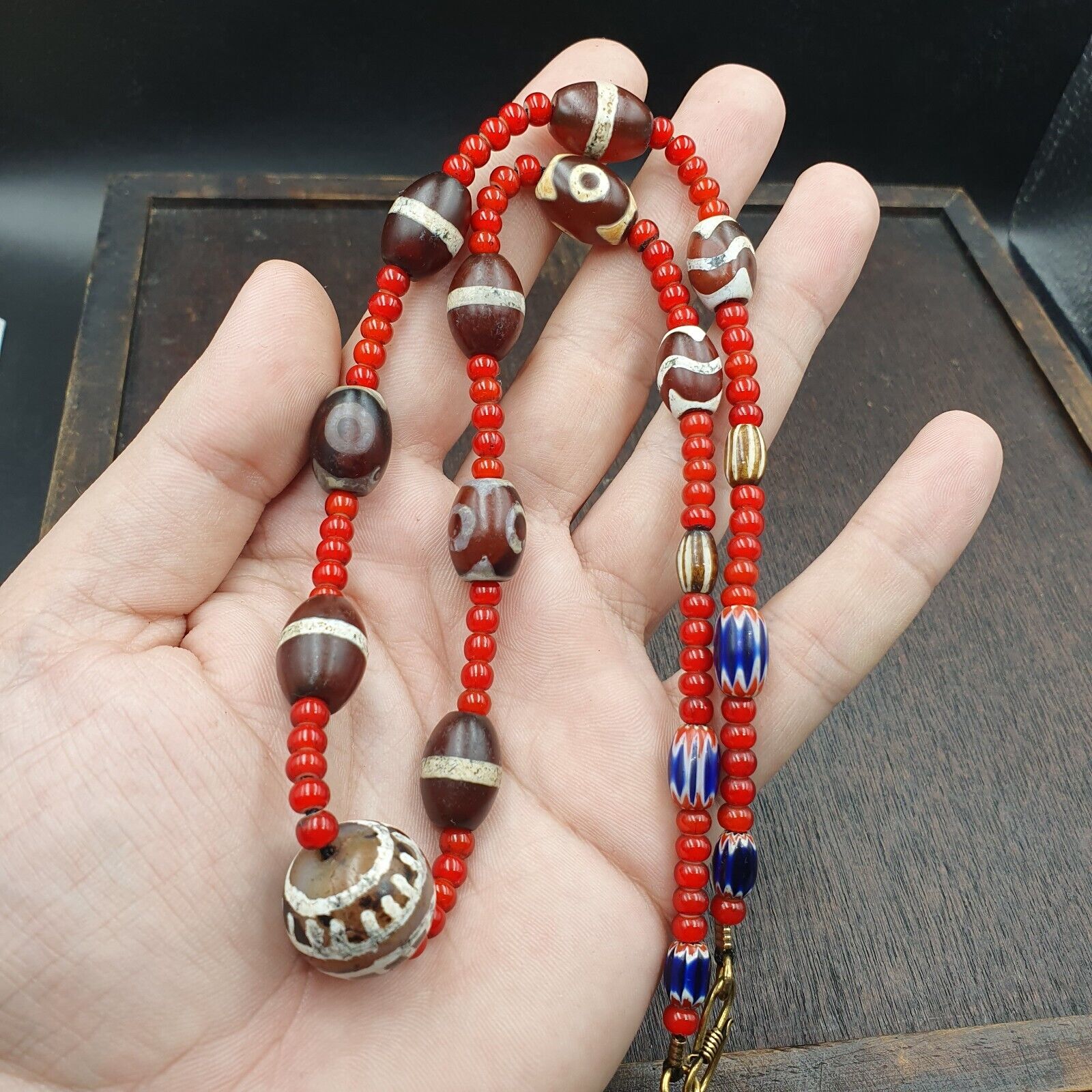 Antique Tibetan Etched Agate Beads with Venetian white Heart Bead Necklace