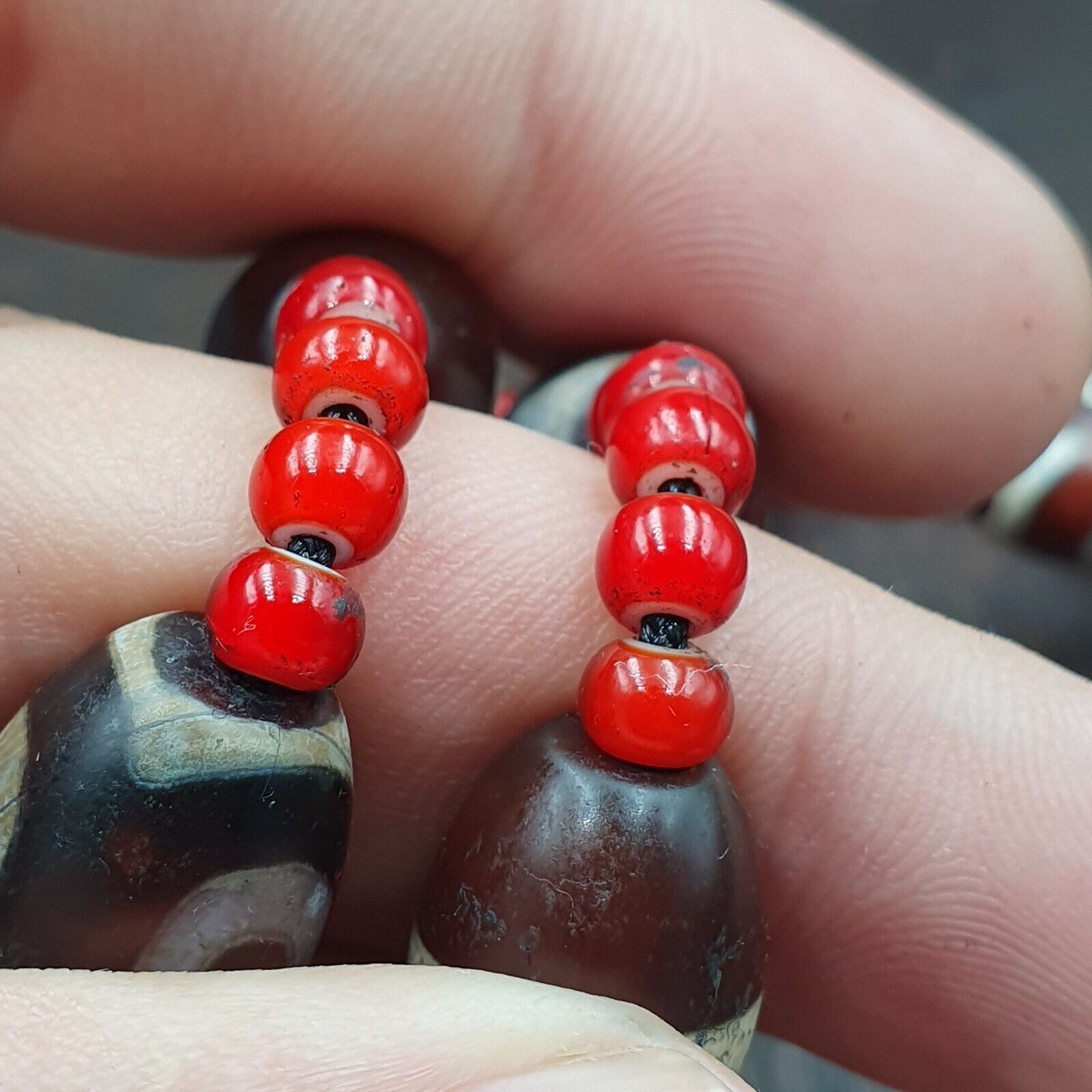 Antique Tibetan Etched Agate Beads with Venetian white Heart Bead Necklace