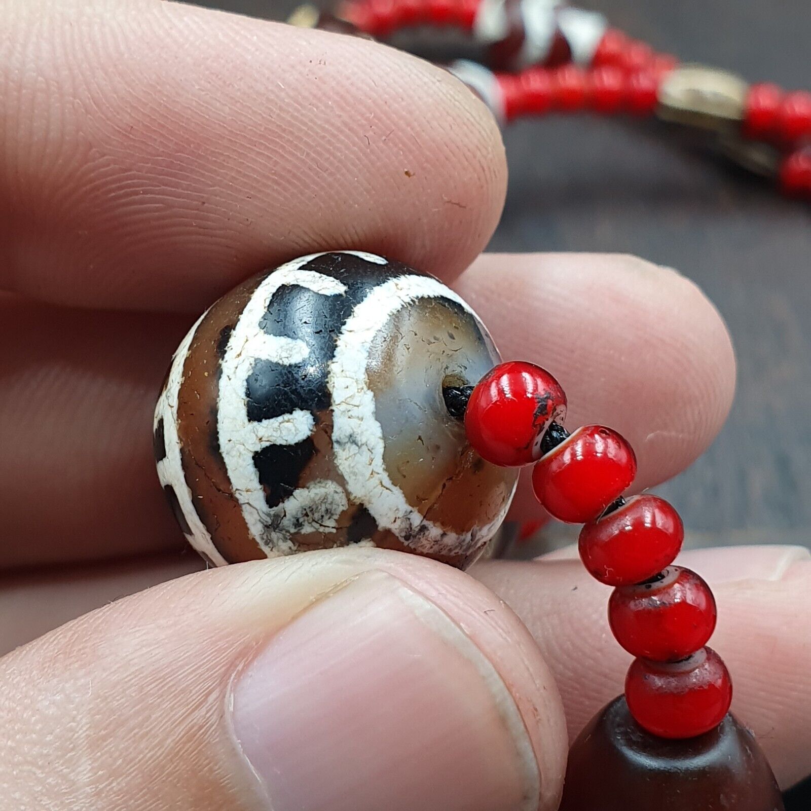 Antique Tibetan Etched Agate Beads with Venetian white Heart Bead Necklace