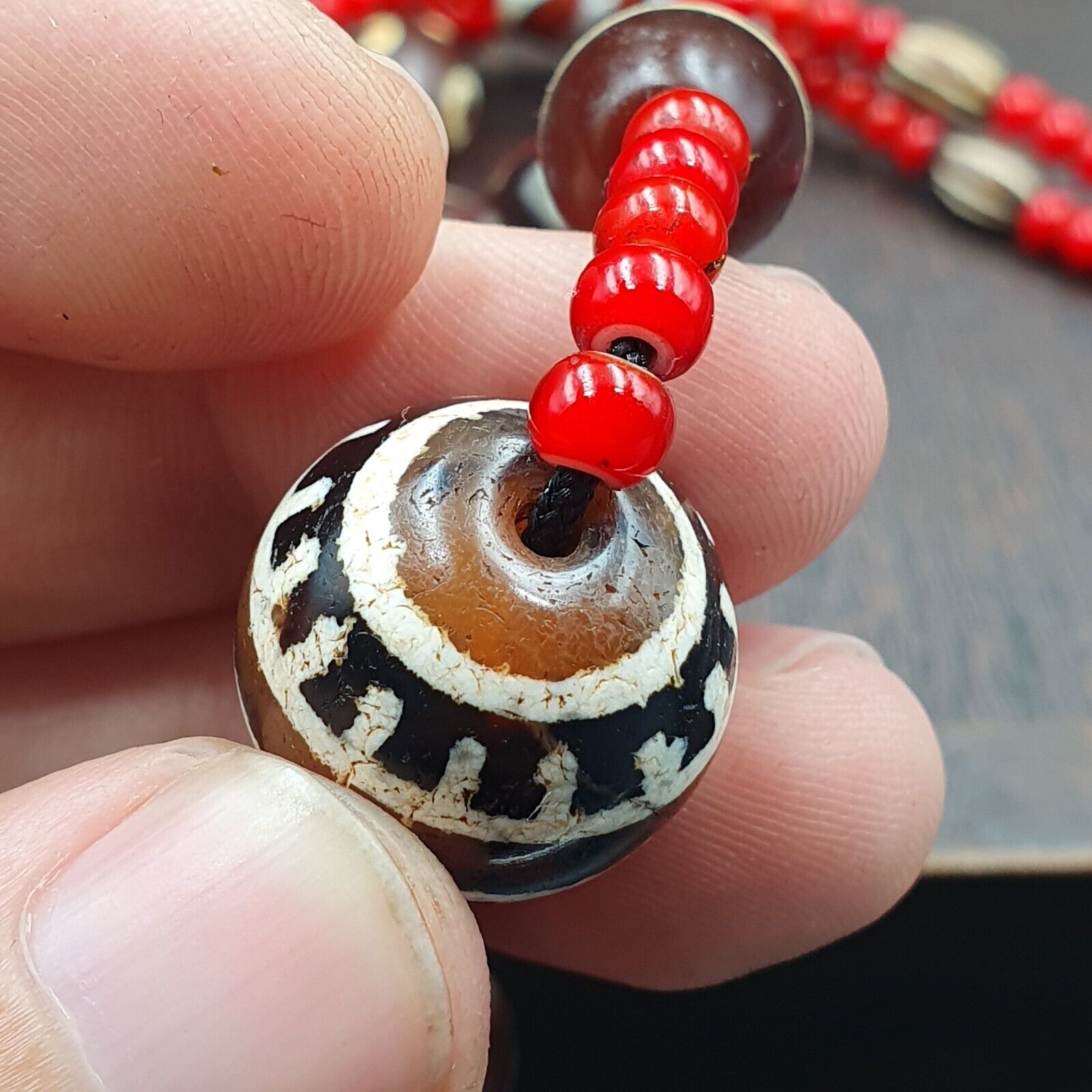 Antique Tibetan Etched Agate Beads with Venetian white Heart Bead Necklace