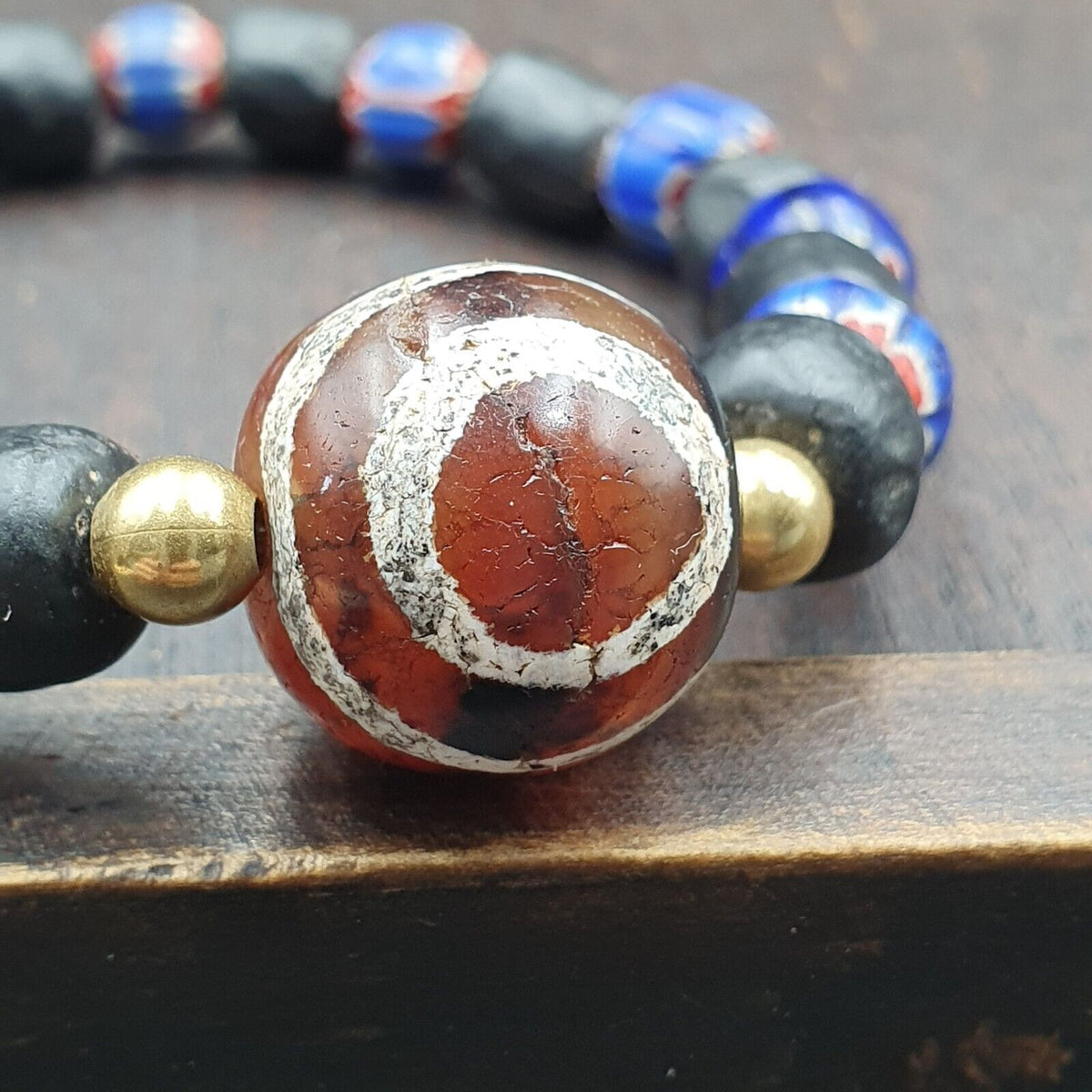 Antique Tibetan Etched Agate Bead with Chevron Beaded Bracelet
