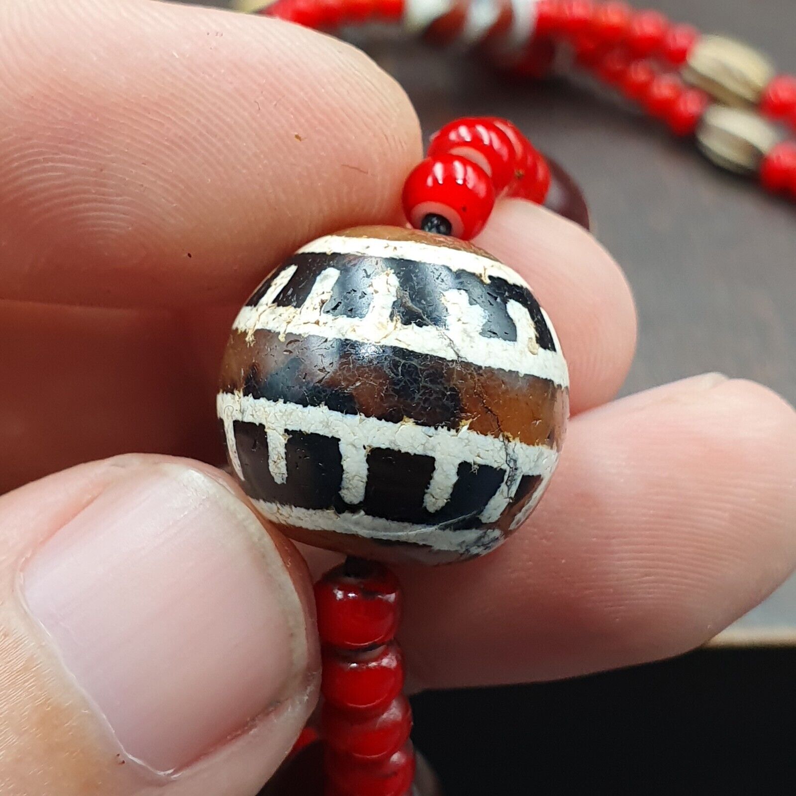 Antique Tibetan Etched Agate Beads with Venetian white Heart Bead Necklace