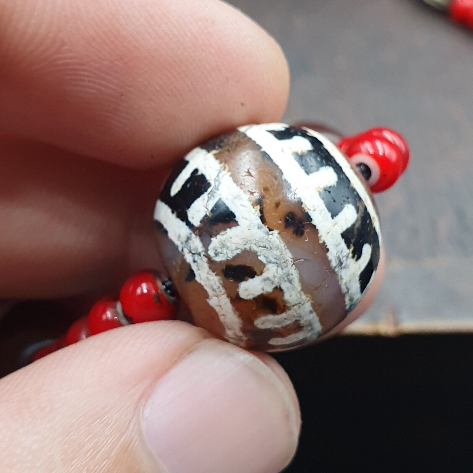 Antique Tibetan Etched Agate Beads with Venetian white Heart Bead Necklace