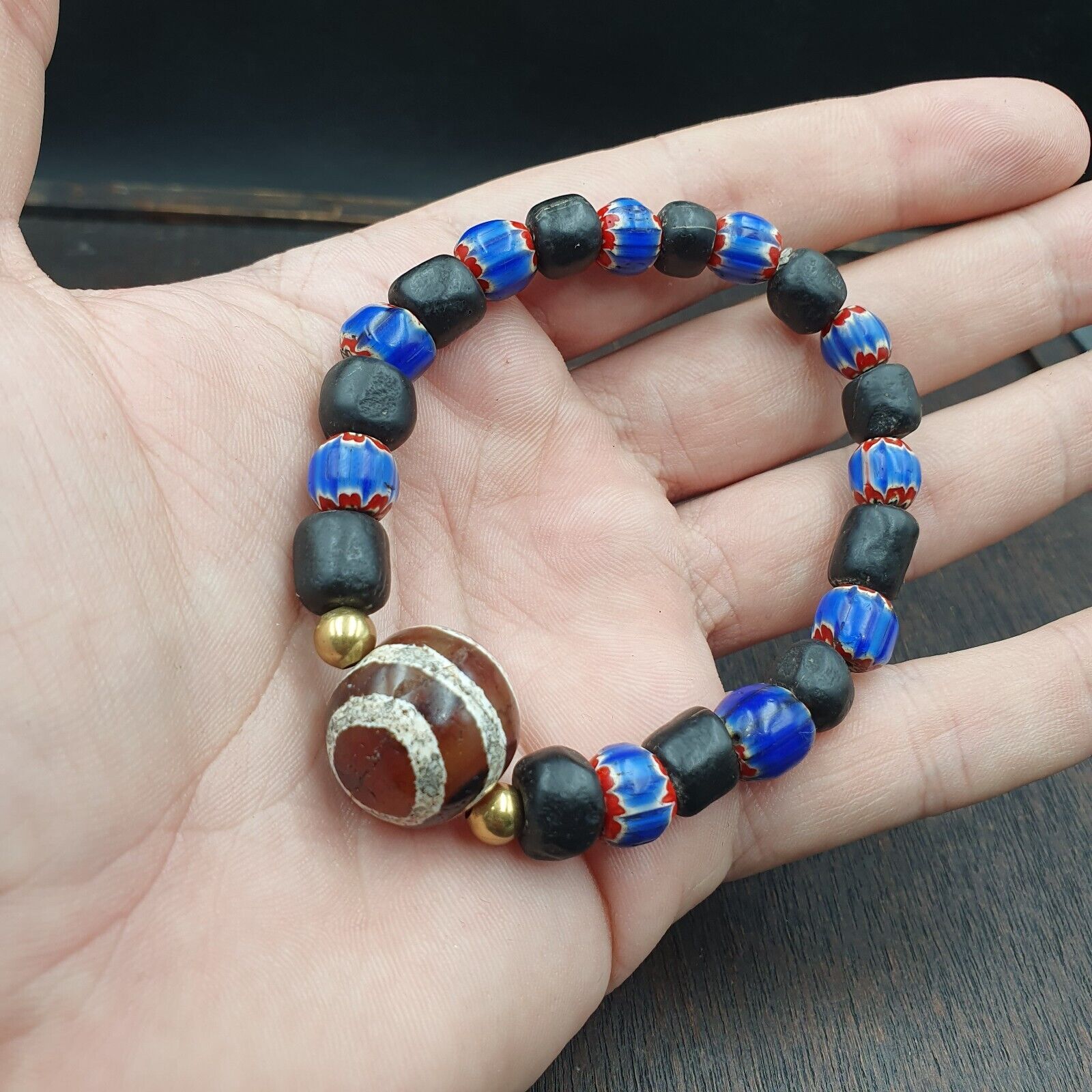 Antique Tibetan Etched Agate Bead with Chevron Beaded Bracelet