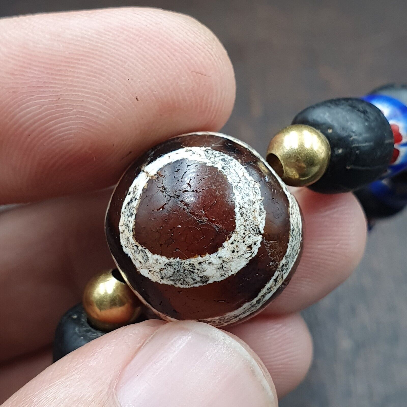 Antique Tibetan Etched Agate Bead with Chevron Beaded Bracelet