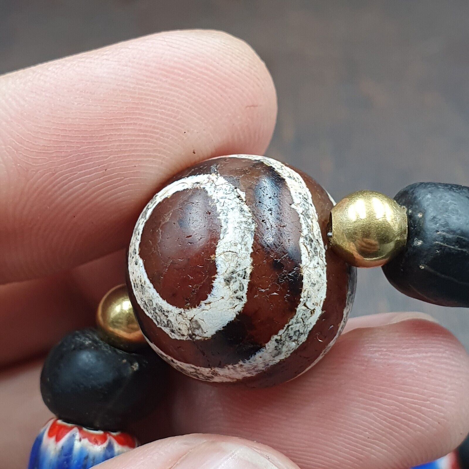 Antique Tibetan Etched Agate Bead with Chevron Beaded Bracelet