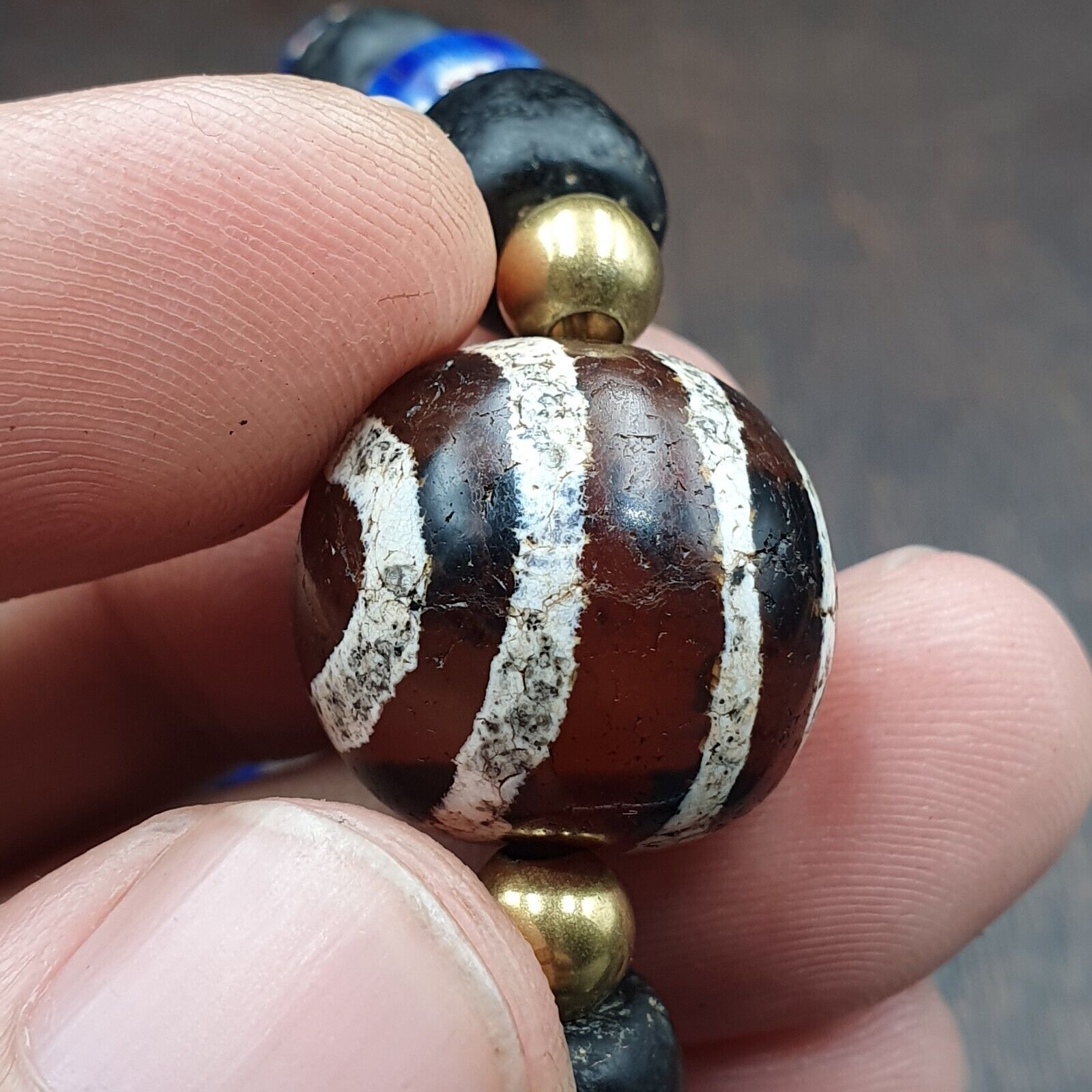 Antique Tibetan Etched Agate Bead with Chevron Beaded Bracelet