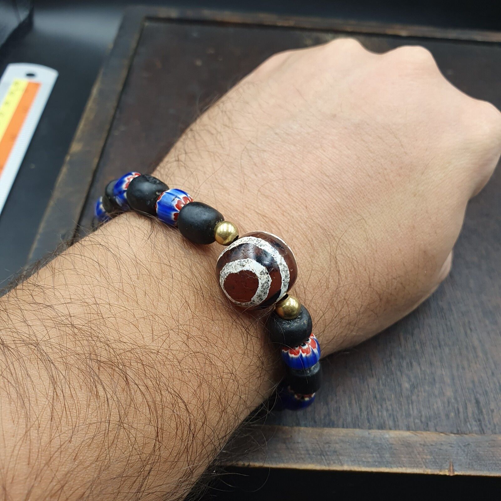 Antique Tibetan Etched Agate Bead with Chevron Beaded Bracelet