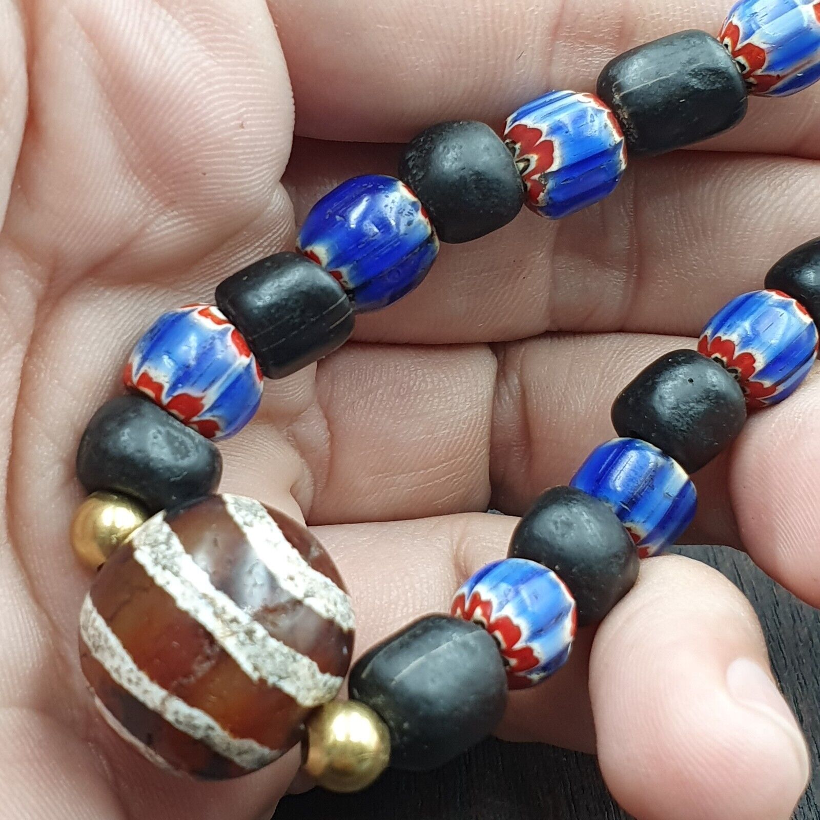 Antique Tibetan Etched Agate Bead with Chevron Beaded Bracelet